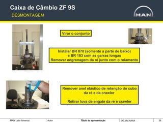 MAN Latin America Autor Tïtulo da apresentação DD.MM.AAAA 26
Caixa de Câmbio ZF 9S
DESMONTAGEM
Virar o conjunto
Instalar BR 878 (somente a parte de baixo)
e BR 183 com as garras longas
Remover engrenagem da ré junto com o rolamento
Remover anel elástico de retenção do cubo
da ré e da crawler
Retirar luva de engate da ré e crawler
 