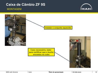 MAN Latin America Autor Tïtulo da apresentação DD.MM.AAAA 32
Instalar o conjunto aquecido
Caixa de Câmbio ZF 9S
MONTAGEM
Caso necessário, bater
para certificar que o bucha
encostou no cubo
 