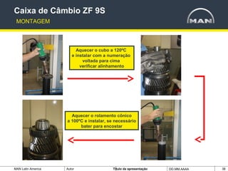 MAN Latin America Autor Tïtulo da apresentação DD.MM.AAAA 38
Aquecer o cubo a 120ºC
e instalar com a numeração
voltada para cima
verificar alinhamento
Aquecer o rolamento cônico
a 100ºC e instalar, se necessário
bater para encostar
Caixa de Câmbio ZF 9S
MONTAGEM
 