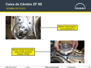 MAN Latin America Autor Tïtulo da apresentação DD.MM.AAAA 55
Montar engrenagens
sincronizando-as
Caixa de Câmbio ZF 9S
BOMBA DE ÓLEO
Montar tampa da bomba,
observando posição
Torque: 10 Nm
 