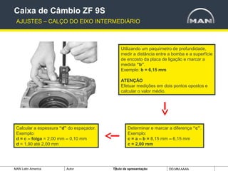 MAN Latin America Autor Tïtulo da apresentação DD.MM.AAAA
Utilizando um paquímetro de profundidade,
medir a distância entre a bomba e a superfície
de encosto da placa de ligação e marcar a
medida “b”.
Exemplo: b = 6,15 mm
ATENÇÃO
Efetuar medições em dois pontos opostos e
calcular o valor médio.
Caixa de Câmbio ZF 9S
AJUSTES – CALÇO DO EIXO INTERMEDIÁRIO
Calcular a espessura “d” do espaçador.
Exemplo:
d = c – folga = 2,00 mm – 0,10 mm
d = 1,90 até 2,00 mm
Determinar e marcar a diferença “c”.
Exemplo:
c = a – b = 8,15 mm – 6,15 mm
c = 2,00 mm
 