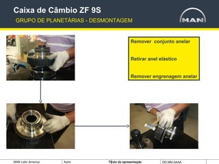 MAN Latin America Autor Tïtulo da apresentação DD.MM.AAAA
Remover conjunto anelar
Retirar anel elástico
Remover engrenagem anelar
Caixa de Câmbio ZF 9S
GRUPO DE PLANETÁRIAS - DESMONTAGEM
 