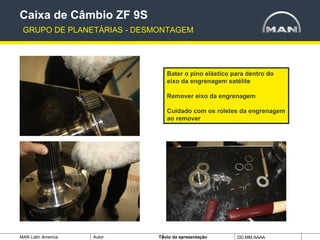 MAN Latin America Autor Tïtulo da apresentação DD.MM.AAAA
Bater o pino elástico para dentro do
eixo da engrenagem satélite
Remover eixo da engrenagem
Cuidado com os roletes da engrenagem
ao remover
Caixa de Câmbio ZF 9S
GRUPO DE PLANETÁRIAS - DESMONTAGEM
 
