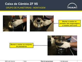 MAN Latin America Autor Tïtulo da apresentação DD.MM.AAAA
Montar a anelar no
portador das engrenagens
e instalar anel trava
Montar a anelar no conjunto
de planetárias
Caixa de Câmbio ZF 9S
GRUPO DE PLANETÁRIAS - MONTAGEM
 