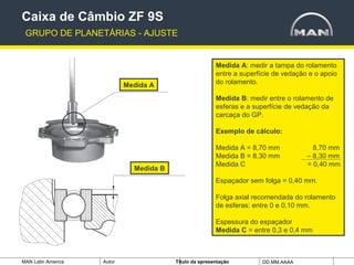 MAN Latin America Autor Tïtulo da apresentação DD.MM.AAAA
Caixa de Câmbio ZF 9S
GRUPO DE PLANETÁRIAS - AJUSTE
Medida A: medir a tampa do rolamento
entre a superfície de vedação e o apoio
do rolamento.
Medida B: medir entre o rolamento de
esferas e a superfície de vedação da
carcaça do GP.
Exemplo de cálculo:
Medida A = 8,70 mm 8,70 mm
Medida B = 8,30 mm – 8,30 mm
Medida C = 0,40 mm
Espaçador sem folga = 0,40 mm.
Folga axial recomendada do rolamento
de esferas: entre 0 e 0,10 mm.
Espessura do espaçador
Medida C = entre 0,3 e 0,4 mm
Medida B
Medida A
 