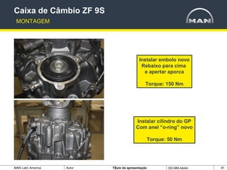 MAN Latin America Autor Tïtulo da apresentação DD.MM.AAAA 81
Instalar embolo novo
Rebaixo para cima
e apertar aporca
Torque: 150 Nm
Caixa de Câmbio ZF 9S
MONTAGEM
Instalar cilindro do GP
Com anel “o-ring” novo
Torque: 50 Nm
 