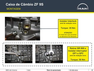 MAN Latin America Autor Tïtulo da apresentação DD.MM.AAAA 82
Caixa de Câmbio ZF 9S
MONTAGEM
Instalar Interlock
anel de vedação novo
Torque: 35 Nm
ATENÇÃO!
A mola tem que encaixar
na alavanca de bloqueio.
Retirar BR 869 e
Instalar interruptor
GP1 e GP2
anel de vedação novo
Torque: 50 Nm
 