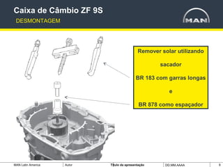 MAN Latin America Autor Tïtulo da apresentação DD.MM.AAAA 9
Remover solar utilizando
sacador
BR 183 com garras longas
e
BR 878 como espaçador
Caixa de Câmbio ZF 9S
DESMONTAGEM
 