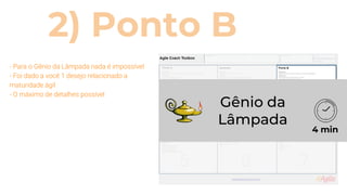 2) Ponto B
- Para o Gênio da Lâmpada nada é impossível
- Foi dado a você 1 desejo relacionado a
maturidade ágil
- O máximo de detalhes possível
Gênio da
Lâmpada
4 min
 