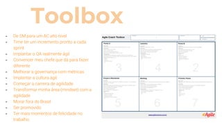 Toolbox
- De SM para um AC alto nível
- Time ter um incremento pronto a cada
sprint
- Implantar o QA realmente ágil
- Convencer meu chefe que dá para fazer
diferente
- Melhorar a governança com métricas
- Implantar a cultura ágil
- Começar a carreira de agilidade
- Transformar minha área (mindset) com a
agilidade
- Morar fora do Brasil
- Ser promovido
- Ter mais momentos de felicidade no
trabalho.
 
