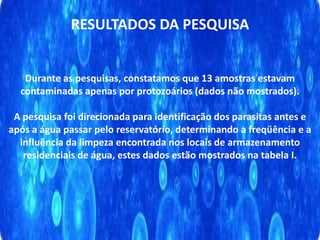 RESULTADOS DA PESQUISA
Durante as pesquisas, constatamos que 13 amostras estavam
contaminadas apenas por protozoários (dados não mostrados).
A pesquisa foi direcionada para identificação dos parasitas antes e
após a água passar pelo reservatório, determinando a freqüência e a
influência da limpeza encontrada nos locais de armazenamento
residenciais de água, estes dados estão mostrados na tabela I.
 