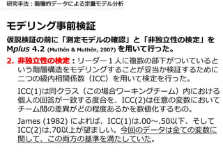 モデリング事前検証
仮説検証の前に「測定モデルの確認」と「非独立性の検定」を
Mplus 4.2 (Muthén & Muthén, 2007) を用いて行った。
：リーダー１人に複数の部下がついていると
いう階層構造をモデリングすることが妥当か検証するために
二つの級内相関係数（ICC）を用いて検定を行った。
ICC(1)は同クラス（この場合ワーキングチーム）内における
個人の回答が一致する度合を、ICC(2)は任意の変数において
チーム間の差異がどの程度あるかを数値化するもの。
James (1982) によれば、ICC(1)は.00～.50以下、そして
ICC(2)は.70以上が望ましい。今回のデータは全ての変数に
関して、この両方の基準を満たしていた。
 