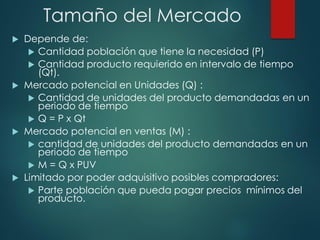 Tamaño del Mercado
 Depende de:
 Cantidad población que tiene la necesidad (P)
 Cantidad producto requierido en intervalo de tiempo
(Qt).
 Mercado potencial en Unidades (Q) :
 Cantidad de unidades del producto demandadas en un
periodo de tiempo
 Q = P x Qt
 Mercado potencial en ventas (M) :
 cantidad de unidades del producto demandadas en un
periodo de tiempo
 M = Q x PUV
 Limitado por poder adquisitivo posibles compradores:
 Parte población que pueda pagar precios mínimos del
producto.
 