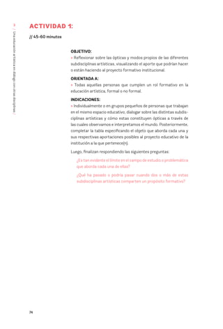 74
/
Una
educación
artística
en
diálogo
con
otras
disciplinas
/
3
OBJETIVO:
> Reflexionar sobre las ópticas y modos propios de las diferentes
subdisciplinas artísticas, visualizando el aporte que podrían hacer
o están haciendo al proyecto formativo institucional.
ORIENTADA A:
> Todas aquellas personas que cumplen un rol formativo en la
educación artística, formal o no formal.
INDICACIONES:
> Individualmente o en grupos pequeños de personas que trabajan
en el mismo espacio educativo, dialogar sobre las distintas subdis-
ciplinas artísticas y cómo estas constituyen ópticas a través de
las cuales observamos e interpretamos el mundo. Posteriormente,
completar la tabla especificando el objeto que aborda cada una y
sus respectivas aportaciones posibles al proyecto educativo de la
institución a la que pertenece(n).
Luego, finalizan respondiendo las siguientes preguntas:
¿Es tan evidente el límite en el campo de estudio o problemática
que aborda cada una de ellas?
¿Qué ha pasado o podría pasar cuando dos o más de estas
subdisciplinas artísticas comparten un propósito formativo?
ACTIVIDAD 1:
// 45-60 minutos
 