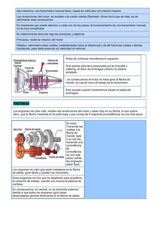 Aqui tenemos, una transmision manual tipica, usada en vehiculos con traccion trasera Las revoluciones del motor, se acoplan a la rueda volante.(flywheel). Ahora de lo que se trata, es de administrar esas revoluciones.Es importante que preste atencion a cada uno de los pasos; el funcionamiento de una transmision manual, no es muy complicada.Es relativamente facil,solo siga los principios y objetivosPrincipios. recibe la rotacion del motorObjetivo: administra estas vueltas, trasladandolas hacia el diferencial y de alli hacia las ruedas o llantas impulsoras, para darle potencia y/o velocidad al vehiculo.Antes de continuar recordemos lo siguiente :Si la prensa estuviera presionada por la horquilla o collaring, el disco de embrague (clutch) no estaria acoplado....en consecuencia el motor no haria girar la flecha de mando, la cual da inicio al trabajo de la transmision. Esto sucede cuando mantenemos pisado el pedal del embrague.NEUTRALLos engranes de color cafe, reciben las revoluciones del motor.y estan fijos en su flecha, lo que quiere decir, que la flecha mostrada en la parte baja y que consta de 5 engranes [contraflecha], es una sola pieza.El motor Transmite las vueltas a la flecha de mando; este a su vez las transmite a la contraflecha. [la contraflecha es una sola pieza, solida, los engranes estan fijos]Los engranes en color gris estan instalados en la flecha de salida, giran libres y pueden ser removidos.Estos engranes son los que se desplazan para acoplarse en posicion de trabajo, cuando uno mueve la palanca de  cambios.En consecuencia, en neutral, no se transmite potencia, debido a que todos los engranes (gris) estan desacoplados girando libremente en la flecha de salida.PRIMERACuando; ponemos la primera velocidad, El collar sincronizador se desplaza en la flecha de salida y se acopla con el engrane de primera fijandolo, a la flecha para que transmita las revoluciones que recibe del pequeño engrane. La flecha de salida da una vuelta o giro por cada tres que recibe de la contraflecha  En consecuencia la torsion o fuerza es maxima, pero el desplazamiento del vehiculo es de baja velocidad. La relacion de giro promedio es de 3 a 1.SEGUNDACuando se hace el cambio a segunda, la horquilla, desliza o separa el collar del engrane de primera y lo acopla en el  engrane correspondiente a segunda.Este engrane es mas pequeño , a la vez que el engrane de la contraflecha es mas grande.que el de primera.En consecuencia la torsion o fuerza es menor que en primera, pero el vehiculo puede desplazarse a mayor velocidad.La relacion de giro promedio es de 2 a 1.TERCERAEn tercera, el collar que acopla los engranes de primera o segunda velocidad se desacopla, y el collar delantero se acopla en el engrane de tercera.....este engrane es mas pequeño, y el engrane de la contraflecha  es mas grande que el de segunda. En consecuencia, la torsion o fuerza es menor, pero el desplazamiento del vehiculo es mayor.La relacion de giro promedio es de 1.5  a 1.CUARTAA este cambio se le conoce como directa, debido, a que el collar deja libre el engrane de tercera, y se acopla o conecta directamente a la flecha de mando, haciendolas girar como si fueran una sola flecha, lo que quiere decir que la relacion de giro, es de 1 a 1.REVERSA [RETROCESO]Para el cambio de reversa, los collares se desacoplan, y el pequeño engrane de dientes rectos, al cual se le conoce como engrane loco, se acopla al engrane grande de dientes rectos. Ponga atencion a que el pequeño engrane debido a su posicion intermedia, invierte la rotacion del engrane grande, logrando con esto que el vehiculo retroceda. En este caso observemos que el engrane grande de dientes rectos se mantiene separado del engrane pequeño del tren fijo; por esta razon el pequeño engrane loco, se coloca entre los dos, recibe el giro de la contraflecha, y como consecuencia invierte la rotacion del engrane grande. El mentado engrane loco, no tiene giro o rotacion definida, esta libre en un eje; este eje lo empuja para colocarlo entre los dos engranes.<br />1) 5th gear lock ringAnillo de seguridad para el piñon de 5ta26) Lock ringSeguro,anillo de seguridad2) 5th gear roller bearingRodaje de apoyo al piñon de 5ta27) Pilot bearing shimsHuachas del rodaje piloto3) 5th gearPiñon de 5ta velocidad28) Pilot bearingRodaje piloto [rodamiento,balero] 4) 5th gear snap ringAnillo de seguridad  para el piñon de 5ta29) Pilot bearing racePista del rodaje piloto5) Reverse gear nutTuerca para el piñon de reversa30) Input shaftEje o flecha de entrada6) Washer ( not used in all models)Huacha (anillo plano)31) Front bearingRodaje delantero7) Reverse gearPiñon de reversa32) Front bearing racePista del rodaje delantero8) Rear bearing retainerRetenedor33) Front bearing shimsLainas del rodaje delantero9) Rear bearing racePista de rodaje34) Front bearing retainerRetenedor del rodaje delantero10) Rear bearing Rodaje trasero35) Oil sealSello retenedor de aceite11) Rear bearing shimHuacha plana36) Mountaing studsPin de apoyo12) Shim washerHuacha plana37) Bearing racePista de rodaje13) 1st gear bearingRodaje de apoyo al piñon de 1ra38) Cluster front  bearingRodaje delantero, del tren fijo14) Bearing spacerEspaciador de rodaje39) Front bearing shimHuacha15) 1st gearPiñon de primera40) Cluster gearContraflecha, o tren fijo16) 1st - 2nd synchronizerCollar Sincronizador  1ra y 2da41) Cluster rear bearingRodaje trasero del tren fijo17) Synchronizer hubCubo sincronizador42) Bearing racePista de rodaje18) 2nd gear bearingRodaje del piñon de 2da43) Intermediate shaftEje o flecha intermedia19) 2nd gearPiñon de 2da44) Synchronizer hubCubo sincronizador20) Main shaftFlecha o eje principal45) 5th gear synchronizer Collar sincronizador de 5ta21) 3rd gear bearingRodaje del piñon de 3ra46) 5th intermediate gearPiñon intermedio de 5ta22) 3rd gearPiñon de tercera47) 5th intermediate gear bearingRdaje del pinon intermedio de 5ta23) 3rd-4th synchronizerCollar sincronizador de 3ra-4ta48) Thrust washerHuacha de empuje24) Synchronizer hubCubo sincronizador49) End play shimHuacha 25) Spring washerAnillo de presion50)  intermediate shaft roller bearing racePista de rodaje para eje intermedio<br />left0<br />COMO FUNCIONA UNA TRANSMISION, O CAJA DE VELOCIDADES MANUAL?<br /> <br />Muchas personas, manejamos o conducimos un vehiculo, movemos la palanca de cambios,y sentimos que podemos controlar el vehiculo hacia atras o hacia adelante; pero que pasaria si no tuvieramos una caja de velocidades: <br />Recordemos, que un motor, cuando asimila la aceleracion, adquiere mas revoluciones; y esto le da mas fuerza.  <br />Utilizamos el termino asimilar para describir lo siguiente :  <br />Si aceleramos, y el vehiculo no puede moverse debido a que tiene trabado el freno de mano o algo en su camino le impide moverse; el motor no podra asimilar y quemar la mezcla de combustible, y en consecuencia se ahogara, y apagara. <br />Con este ejemplo pretendemos describir el hecho de que, un motor debe mantener sus revoluciones , por encima de las necesidades del vehiculo. <br />Lo mencionado en el parrafo anterior, pretende dar la idea, de: que si el motor trasladara sus revoluciones, directamente a las ruedas que ejercen la traccion, el acople seria tan brusco que el motor se ahogaria.[se apaga el motor] <br /> <br />Es, este el motivo, o la razon por la que se hace necesaria la instalacion de una caja de velocidades, la cual sirve para administrar las revoluciones del motor . <br />La rueda volante (flywheel), pertenece al motor; en ella se acopla el disco de embrague, y prensa. <br />El disco de embrague (clutch), y prensa, sirven  para dar suavidad, o amortiguar el acople del motor con la caja de velocidades <br />Aclarado lo anterior, podemos incursionar en el tema que nos ocupa en esta pagina. <br />La diferencia, entre una caja de velocidades usada en un vehiculo con traccion trasera, y uno con traccion delantera;  consiste,  en que la caja de velocidades, que se usa para traccion delantera,  trae integrado el diferencial. <br /> <br /> <br /> <br /> Se llama diferencial, a la parte que se conecta con los ejes que transmiten la revoluciones, de la caja, hacia las ruedas que mueven el vehiculo. <br />Una caja de velocidades, tiene la funcion de recibir las revoluciones del motor, y transmitirlas  hacia las ruedas impulsoras,(en este caso las ruedas de atras). <br />Cuando un vehiculo inicia su salida, necesita fuerza. Pero esta fuerza debe ser transmitida con suavidad; para este fin sirve el disco de embrague y prensa. <br />Cuando tenemos pisado el pedal del embrague [clutch]; estamos presionando el diafragma o resortre de una prensa. <br />En consecuencia cuando el vehiculo esta parado; debemos soltar el pedal poco a poco, de esta manera, la prensa dejara que el disco de embrague, tome las rpm del motor, primero acariciando, y luego pegandose a la rueda volante; en la medida que el vehiculo empiece su movimiento hacia adelante o hacia atras <br />Cuando el vehiculo esta en movimiento; el acople con suavidad es relativo; debido a que en esta etapa; solo se deja de acelerar; y se pisa el pedal para hacer el cambio de velocidad, luego se suelta el pedal y se sigue acelerando. <br />Porque debe hacerce cambios? <br />Como ya lo mencionamos; cuando el vehiculo esta parado, ocupa fuerza para iniciar su movimiento; pero ya encarrerado; la fuerza requerida es relativa a las condiciones del camino; que por lo regular se refiere a la velocidad. <br />Una caja de velocidades, es un conjunto de engranes con movimientos sincronizados; los mismos; que seleccionamos al mover la palanca de cambios <br />La diferencia de fuerza a velocidad con las mismas rpm; son consecuencia del acople de dos engranes del mismo o diferente tamanio. <br />Veamos las siguientes graficas:  <br />  El efecto de una palanca , permite que una fuerza pequeña, cuando se mueve sobre una distancia grande, levante un mayor peso, en una distancia menor. <br />Los engranes realizan la funcion  de una serie de palancas. <br />Lo que quiere decir que un engrane pequeño, hace girar aunque mas lentamente, a un engrane mas grande, o sea que  la torsion se multiplica, pero reduce la velocidad original <br /> <br /> <br /> Aqui podemos, ver dos engranes de dientes rectos, este tipo de engranes cortados paralelamente a su eje de rotacion, son ruidosos, y se necesita menos potencia para hacerlos girar en comparacion a los engranes helicoidales  <br /> Los engranes helicoidales , tienen dientes curvos cortados en angulo con respecto a su eje de rotacion, su curva se asemeja  a la rosca de un tornillo, la superficie de contacto, entre los dientes es mayor que en los engranes de dientes rectos. Con este tipo de engranes , la potencia se transmite mas suave y silenciosa.<br />A que se llama Sincronizacion ? <br />Se conoce como sincronizacion al hecho, de que un engrane activado, se conecte a otro que esta desactivado, logrando con esto, que las revoluciones del primero,se transfieran al segundo, formandose  como si fuera una sola pieza. <br />Una caja de velocidades manual esta compuesta de  engranes  de diferente tamaño.. <br />Todos estos engranes estan colocados de tal forma, que cuando usted mueve la palanca de cambios, esta seleccionando el engrane que desea activar, lo que quiere decir que para que un engrane mueva a otro, primero deben acoplarse; a este acoplamiento se le llama  cambio  de velocidad. <br /> <br />Para que un engrane se acople en posicion de trabajo, se sirve de un collar. <br />El collar tiene la funcion de unir o conectar dos engranes, de esta manera transfiere la rotacion de un engrane a otro. <br />Al momento de hacer el cambio, el collar se mueve a una posicion neutral . <br />Por lo regular el collar tiene tres posiciones : [ CAMBIO -NEUTRO- CAMBIO]. <br />Lo que quiere decir, que al momento de hacer un cambio, el collar de desacopla de una posicion y pasa a otra. <br />Una caja de 4 velocidades  manual tipicamente lleva 2 collares de acople: <br />Uno Para primera y segunda, y otro para tercera y cuarta;  <br />El cambio de reversa o retroceso, se efectua deslizando un engrane de giro libre o loco; el cual se acomoda entre dos engranes; transmitiendo rotacion de uno a otro. <br /> <br /> <br /> <br />Los collares se complementan con los anillos sincronizadores. <br />Los anillos soncronizadores son los encargados de guiar el deslizamiento del collar, para conseguir un acople correcto. <br />Esta funcion de guiar al collar, hace que estos anillos sufran desgaste en sus dientes, formandose baba, lo cual impide o hace dificil el acople del collar.. <br />De alli, que en muchos casos, al no haber un buen acople, la rotacion expulse el collar [cambio], hacia la posicion neutral <br />Por eso; es importante tener un motor bien afinado;y  sistema de embrague en buenas condiciones.[lubricacion a tiempo] asi evitara los cambios bruscos que originan el problema. <br />En esto tambien influyen los habitos de manejo. <br />En estas figuras, podemos ver el momento, en que el collar sincronizador,esta acoplandose, es necesario que el acople sea en un 100%, de lo contrario el collar puede desacoplarce, y en consecuencia el cambio seria expulsado,y la transmision quedarse en neutro.La parte oscura , es una sola pieza; de lo que se trata , es de que el collar cubra totalmente, el anillo sincronizador y los dientes rectos de esta parte, hasta topar con el engrane de dientes helicoidales.Aclaremos : Una transmision de cuatro velocidades, lleva 2 collares sincronizadores. Los dos collares y su conjunto interno, estan instalados en la flecha de salida, y se pueden deslizar para ambos lados, Los engranes de 1ra, 2da,y 3ra, giran inducidos por los engranes del tren fijo; pero este giro no es transmitido a la flecha de salida, hasta que uno de los collares sincronizadores acople uno de estos engranes. <br />Antes de describir, las  partes, que nos ocupan en esta pagina; tome nota de lo siguiente:Todos los motores, llevan 2 guias, [pines pequeños, o metales de forma cilindrica]; estas guias, sirven para hacer un correcto acople, motor/caja de velocidades.Si por alguna razon, extravio estas guias; le recomendamos conseguir o fabricar otras, de lo contrario; el acople saldra de la precision necesaria; y dara como consecuencia, rotura de la estructura de la caja, desgaste o quebradura del disco de embrague [clutch], desgaste desigual del collaring, dureza del pedal del clutch, debido al acople disparejo [collaring,prensa].En muchos casos hemos encontrado, que la bomba inferior del embrague no puede trabajar, debido a una salida excesiva del pin empujador [push rod], originado por la separacion, motor/campana,cupula de caja [shell]. cuando el acople se hace sin las guias; la vibracion del motor, afloja los tornillos,.y en casos extremos termina quebrando la estructuraVeamos dos ejemplos:En la izquierda tenemos un motor; en el cual se puede apreciar las dos guias.Nota;Las fotos son de transmision automatica; pero para efecto de mostrar la ubicacion de las guias[pins], no hay diferencia.A la derecha vemos una transmision, en la cual esta senialada la ubicacion de las dos guias.o pines.Cuando se desmonta una transmision  o motor; las guias se pueden quedar pegadas;; en el motor o transmision,Lo que importa es; que al armar o acoplar caja y motor; no se debe omitir la colocacion de estas guias o pines.[sea automatica o standart]Ahora prosigamos con la descripcion de componentes de un sistema  de embrague tipicoPARTES  DE  ENSAMBLE  DE  UN  COLLARIN Y HORQUILLA1] Collarin [rodaje,balero,rodamiento etc.]2] Estructura donde va instalado el collarin. Este tipo de estructura, trabaja deslizandose, en una especie de funda tubular, en cuyo centro se encuentra la flecha o eje de mando3] Seguro expansivo, que fija la estructura [2], en la horquilla [5].4] cubierta de goma, que evita la entrada de polvo, dentro del alojamiento del clutch.5] Horquilla.[este tipo de horquilla,se mueve apoyandose, en un perno, de cabeza redondeada que se encuentra fijado a la estructura de la caja]6] Seguro expansivo, que fija la horquilla, en su posicion, de trabajo.CILINDRO MAESTRO DE EMBRAGUE  [Sistema Hidraulico]  [CLUTCH MASTER CYLINDER]1]Tornillo tope[stopper bolt], este tornillo, evita que el piston, salga del rango especificado para su correcto funcionamiento.2]Tornillo[perno], que fija la estructura a la carroceria.3]Resorte de retorno, [regresa el piston a su posicion de descanso]4]Ensamble del piston, en el extremo de este piston, se encuentra instalado el hule o goma, que sella la presion del fluido, dandole la  fuerza, que traslada hacia la bomba auxiliar.5] Pin empujador [push rod], este pin se mueve hacia adentro cuando usted pisa el pedal de embrague [clutch]6] Anillo tope clip, este anillo evita que el piston salga de su alojamiento.7] cubierta de goma , que cubre del polvo o suciedad.10] Reservorio[deposito,taza,etc]8] Tuerca que fija la regulacion del juego entre el pedal, y el pin empujador.11] Abrasadera del reservorio9] Tapa del reservorio 12 Estructura del cilindro. [bomba principal,superior de embrague],[master cylinder clutch]CILINDRO INFERIOR DE EMBRAGUE  [CLUTCH SLAVE CYLINDER]1] Pin empujador [push rod] [este pin empuja, la horquilla, cuando usted pisa el pedal de embrague [clutch]2] Goma [hule] protector para evitar suciedad.[dust cover]3] Resorte del piston [piston spring]4] Piston, en el extremo de este piston se encuentra instalado la goma o hule que sella la presion del fluido5] estructura del cilindro [bomba inferior auxiliar del embrague], [ clutch slave cylinder]6] tornillo purgador [bleeder screw] este tornillo se usa para expulsar[sangrar]el aire encerrado, despues de la instalacion.<br />Descripcion y/o modo de funcionamiento del mecanismo desde la palanca de cambiosEsta grafica, nos ayudara a explicar el movimiento de una palanca de cambios, para una caja de velocidades manual.Traccion delantera [motor transversal]La posicion central es Neutro,En esa posicion la palanca no sufre ninguna presion; es una posicion digamos de descanso. el vehiculo puede ser empujado y la caja no se dara por enterada.Ahora veamos, los cambios de 3ra y 4ta, solo ocupa subir o bajar la palanca.Para colocar 1ra o 2da, se ocupa mover la palanca hacia izquierda  contra la fuerza del resorte, y luego subir o bajar la palanca.Lo mismo ocurre con los cambios de 5ta y/o Reversa.El ejemplo corresponde a un vehiculo de traccion delantera; con palanca de cambios al pisoEn la ilustracion vemos los dos reguladores de tension colocados al inicio del cable que corre hacia los actuadores de la caja de cambios;Estos reguladores sirven para ajustar, y compenzar el desgaste de los bujes, consecuencia del uso.Se entiende, que el ajuste solo es permitido mientras el desgaste es tolerableEs importante conocer la forma en que se transmite el movimiento de mando, desde la palanca hacia la caja de velocidades [brazos actuadores]Al efectuar un cambio de posicion en la palanca; el mecanismo transmite dos movimientos sincronizados a la cajaUn movimiento hace que un eje o flecha conectada a la caja de velocidades, tenga un movimiento de ida y vuelta en forma recta.El otro movimiento hace que el mismo eje o flecha , tenga  accion en forma torsional en cada descanso del movimiento anterior [ejemplo: Neutro, Primera a un lado y Segunda al otro]Recuerde que estamos describiendo el funcionamiento de este componente en un vehiculo de traccion delantera, equipado con motor transversal.Por ello para llevar el movimiento desde la palanca hacia los brazos actuadores se ocupan dos cables; o dos brazos largos segun sea el caso.Estos cables o brazos, en su recorrido se apoyan en bujes y/o soportes, los cuales deben mantenerse en buenas condiciones; si no es asi, el movimiento de estos cables o brazos perderian sincronizacion; lo cual daria como consecuencia, que se traben, eso podria afectar el normal funcionamiento de la caja de velocidades.Igualmente se debe mantener solidos los puntos de anclaje, sea en el chasis, o en la parte externa de la caja. [un anclaje o sujetador flojo, hace inestable el recorrido del cable]Aqui tenemos los dos cables accionando o sincronizando un cambio Un brazo mueve el eje en forma recta; El otro brazo, mueve el mismo eje en forma torsionalLa forma, disenio, o figura pueden diferir entre una marca de vehiculo u otro.Pero el principio de funcionamiento, y objetivo, sigue siendo el mismo. El objetivo es: mover el riel interno de sincronizacion, y acomodarlo al cambio seleccionadoPor ello; este ejemplo es util en otros vehiculos, solo se ocupa apoyarse en el sentido comunPuede agrandar las figuras Actuador  de collaring hidraulico - cilindro auxiliar - [cilindro inferior, cilindro esclavo]En la ilustracion podemos observar la bomba inferior que mueve el collaringEsta bomba recibe fuerza hidraulica, de la bomba principal del embragueLa bomba de embrague esta ubicada, cerca del cilindro maestro de los frenos [alli se controla el fuido]Este tipo de componente requiere que la estructura de la caja de velocidades, este correctamente acoplada y ajustada a la estructura del motorSu funcion es empujar el brazo actuador del collaring [horquilla] de embrague.Se entiende que la accion se inicia al pisar el pedal de embrague; cuando el pedal esta en posicion de descanso, este brazo no debe estar presionadoPuede agrandar la figura<br />Definicion:<br />Es un mecanismo integrado que transmite potencia desarrollada en el motor al movimiento de las ruedas del automovil. <br />Este sistema sirve para trasnmitir la fuerza o caballaje del motor a las ruedas lo que permite un desplasamiento controlado este tipo de caja se diferencia de la automatica por el cambio de velocidades ya que como su nombre lo indica se tienen que realizar los cambios manualmente.<br />Componentes de una Transmision Estandar<br /> Sincronizador: los sincronizadores se utilizan para conseguir engranar de forma adecuada. El engranaje se obtiene con el desplazamiento de la corona del sincronizador, tambiÃ©n llamada carrete. Este carrete lleva un dentado interno que consigue engranar con el piÃ±Ã³n loco de la velocidad deseada. Cuando el conductor acciona la palanca del cambio y selecciona una velocidad, el carrete correspondiente es empujado hacia el engranaje. Conforme se va acercando el carrete el anillo cÃ³nico va entrando en Ã©l, produciendo un rozamiento que iguala las velocidades entre el eje secundario y el engranaje. Al seguir avanzando el carrete sus dientes engranan con los del piÃ±Ã³n, haciÃ©ndose solidario el giro de este con el del eje secundario, es decir, entrando la velocidad.<br /> <br />Engranes rectos: Los engranes rectos son el tipo de engranaje mÃ¡s simple que existe. Se utilizan generalmente para velocidades pequeÃ±as y medias; a grandes velocidades, producen ruido cuyo nivel depende de la velocidad de giro que tengan.<br />Engranes helicoidales: Los engranajes cilÃndricos de dentado helicoidal estÃ¡n caracterizados por su dentado oblicuo con relaciÃ³n al eje de rotaciÃ³nLos engranajes helicoidales tienen la ventaja que transmiten mÃ¡s potencia que los rectos, y tambiÃ©n pueden transmitir mÃ¡s velocidad, son mÃ¡s silenciosos y mÃ¡s duraderos Baleros: son dos anillos concÃ©ntricos con esferas entre ellos. La idea es minimizar la fricciÃ³n en el giro, y se ajustan a los ejes de la transmisiÃ³n para sujetarlos respecto al cuerpo de los mismos sin limitar el giro del eje. El anillo exterior de cada balero entra a presiÃ³n en cada una de las dos tapas de la transmisiÃ³n que se fija al cuerpo, y el anillo interior entra a presiÃ³n en el eje de la transmisiÃ³n..Contraflecha: La contraflecha es una sola pieza, solida, los engranes estan fijos; resive las revoluciones de la flecha de mando; siempre que la flecha de mando se encuentre girando la contraflecha lo ara de igual manera.  Flecha de mando: Es una sola pieza donde su engrane esta fijo esta resibe las revoluciones provenientes de motor y transfiere las mismas a la contraflecha y se acopla y desacopla al motor por medio del clutch.<br />Flecha de salida: En esta flecha se encuentran los sincronizadores y los engranes de las velocidades; estos engranes se encuentran girando libremente en esta flecha hasta que un sincronizador los engrana y la flecha transmite la potensia de la velocidad en la que se encuentre. Horquillas: Son las encargadas de mover al sincronizador por medio de una palanca de cambios esta hace que el sincronizador engrane la velocidad correspondiente Engrane loco: Es un pequeÃ±o engrane de dientes rectos el cual no esta obligado a girar en un solo sentido; recibe el giro de la contraflecha, y como consecuencia invierte la rotacion del engrane grande de reverse provocando que el vehiculo retroceda<br /> <br />Reten: Es el encargado de alargar la vida de los baleros en la caja de transmisiÃ³n estandar asi como evitar fugas de aceite.<br /> <br />Carcasa: Esta carcasa generalmente es de aluminio cuya finalidad es la proteccion de los mecanismos internos como la permanente lubricacion ya que Ã©sta alberga el aceite<br />Horquillas: Son las encargadas de mover al sincronizador por medio de una palanca de cambios esta hace que el sincronizador engrane la velocidad correspondiente<br /> <br />Cajas de cambio manualesEl sistema de cambio de marchas manual ha evolucionado notablemente desde los primeros mecanismos de caja de cambios de marchas manuales sin dispositivos de sincronización hasta las actuales cajas de cambio sincronizadas de dos ejes.Independientemente de la disposición transversal o longitudinal y delantera o trasera, las actuales cajas de cambios manuales son principalmente de dos tipos:• De tres ejes: un eje primario recibe el par del motor a través del embrague y lo transmite a un eje intermediario. Éste a su vez lo transmite a un eje secundario de salida, coaxial con el eje primario, que acciona el grupo diferencial.• De dos ejes: un eje primario recibe el par del motor y lo transmite de forma directa a uno secundario de salida de par que acciona el grupo diferencial.En ambos tipos de cajas manuales los piñones utilizados actualmente en los ejes son de dentado helicoidal, el cual presenta la ventaja de que la transmisión de par se realiza a través de dos dientes simultáneamente en lugar de uno como ocurre con el dentado recto tradicional siendo además la longitud de engrane y la capacidad de carga mayor. Esta mayor suavidad en la transmisión de esfuerzo entre piñones se traduce en un menor ruido global de la caja de cambios. En la marcha atrás se pueden utilizar piñones de dentado recto ya que a pesar de soportar peor la carga su utilización es menor y además tienen un coste más reducido.En la actualidad el engrane de las distintas marchas se realiza mediante dispositivos de sincronización o quot;
sincronizadoresquot;
 que igualan la velocidad periférica de los ejes con la velocidad interna de los piñones de forma que se consiga un perfecto engrane de la marcha sin ruido y sin peligro de posibles roturas de dentado. Es decir, las ruedas o piñones están permanentemente engranados entre sí de forma que una gira loca sobre uno de los ejes que es el que tiene que engranar y la otra es solidaria en su movimiento al otro eje. El sincronizador tiene, por tanto, la función de un embrague de fricción progresivo entre el eje y el piñón que gira libremente sobre él. Los sincronizadores suelen ir dispuestos en cualquiera de los ejes de forma que el volumen total ocupado por la caja de cambios sea el más reducido posible. Existen varios tipos de sincronizadores de los cuales destacan: sincronizadores con cono y esfera de sincronización, sincronizadores con cono y cerrojo de sincronismo, sincronizadores con anillo elástico, etc.El accionamiento de los sincronizadores se efectúa mediante un varillaje de cambio que actúa mediante horquillas sobre los sincronizadores desplazándolos axialmente a través del eje y embragando en cada momento la marcha correspondiente. Los dispositivos de accionamiento de las distintas marchas dependen del tipo de cambio y de la ubicación de la palanca de cambio.A continuación se van a estudiar los dos tipos de cajas de cambios. La primera caja de cambios es una caja manual de tres ejes con disposición longitudinal de un vehículo de propulsión trasera. La segunda, es una caja manual de dos ejes con disposición transversal, de un vehículo con tracción delantera con tracción delantera por lo que el grupo cónico-diferencial va acoplado en la salida de la propia caja de cambios.La situación de la caja de cambios en el vehículo dependerá de la colocación del motor y del tipo de transmisión ya sea está delantera o trasera.Estas dos disposiciones de la caja de cambios en el vehículo son las mas utilizadas, aunque existe alguna mas, como la de motor delantero longitudinal y tracción a las ruedas delanteras.Caja de cambios manual de tres ejes.Este tipo de cajas es el más tradicional de los usados en los vehículos actuales y tiene la ventaja principal de que al transmitir el par a través de tres ejes, los esfuerzos en los piñones son menores, por lo que el diseño de éstos puede realizarse en materiales de calidad media.En la figura inferior se muestra un corte longitudinal de una caja de cambios manual de cuatro velocidades dispuesta longitudinalmente. El par motor se transmite desde el cigüeñal del motor hasta la caja de cambios a través del embrague (Q). A la salida del embrague va conectado el eje primario (A) girando ambos de forma solidaria. De forma coaxial al eje primario, y apoyándose en éste a través de rodamiento de agujas, gira el eje secundario (M) transmitiendo el par desmultiplicado hacia el grupo cónico diferencial. La transmisión y desmultiplicación del par se realiza entre ambos ejes a través del eje intermediario (D).El eje primario (A) del que forma parte el piñón de arrastre (B), que engrana en toma constante con el piñón (C) del árbol intermediario (D), en el que están labrados, además, los piñones (E, F y G), que por ello son solidarios del árbol intermediario (D). Con estos piñones engranan los piñones (H, I y J), montados locos sobre el árbol secundario (M), con interposición de cojinetes de agujas, de manera que giran libremente sobre el eje arrastrados por los respectivos pares del tren intermediario.El eje primario recibe movimiento del motor, con interposición del embrague (Q) y el secundario da movimiento a la transmisión, diferencial y, por tanto, a las ruedas. Todos los ejes se apoyan en la carcasa del cambio por medio de cojinetes de bolas, haciéndolo la punta del eje secundario en el interior del piñón (B) del primario, con interposición de un cojinete de agujas.Para transmitir el movimiento que llega desde el primario al árbol secundario, es necesario hacer solidario de este eje a cualquiera de los piñones montados locos sobre él. De esta manera, el giro se transmite desde el primario hasta el tren fijo o intermediario, por medio de los piñones de toma constante (B y C), obteniéndose el arrastre de los piñones del secundario engranados con ellos, que giran locos sobre este eje. Si cualquiera de ellos se hace solidario del eje, se obtendrá el giro de éste.La toma de velocidad se consigue por medio de sincronizadores (O y M), compuestos esencialmente por un conjunto montado en un estriado sobre el eje secundario, pudiéndose desplazar lateralmente un cierto recorrido. En este desplazamiento sobre el estriado el sincronizador se acopla con los piñones que giran locos sobre el árbol secundario.En la figura inferior se muestra el despiece de una caja de cambios de engranajes helicoidales, con sincronizadores, similar a la descrita anteriormente. El eje primario 5 forma en uno de sus extremos el piñón de toma constante (de dientes helicoidales). Sobre el eje se monta el cojinete de bolas 4, en el que apoya sobre la carcasa de la caja de cambios, mientras que la punta del eje se aloja en el casquillo de bronce 1, emplazado en el volante motor.En el interior del piñón del primario se apoya, a su vez, el eje secundario 19, con interposición del cojinete de agujas 6. Por su otro extremo acopla en la carcasa de la caja de cambios por medio del cojinete de bolas 28. Sobre este eje se montan estriados los cubos sincronizadores, y quot;
locosquot;
 los piñones. Así, el cubo sincronizador 10, perteneciente a tercera y cuarta velocidades, va estriado sobre el eje secundario, sobre el que permanece en posición por los anclajes que suponen las arandelas de fijación 9, 13 y 14. En su alojamiento interno se disponen los anillos sincronizadores 7 (uno a cada lado), cuyo dentado engrana en el interior de la corona desplazable del cubo sincronizador 10. Estos anillos acoplan interiormente, a su vez, en las superficies cónicas de los piñones del primario por un lado y del secundario 11 por otro. Cuando la corona del cubo sincronizador 10 se desplaza lateralmente a uno u otro lado, se produce el engrane de su estriado interior, con el dentado de los anillos sincronizadores 7 y, posteriormente, con el piñón correspondiente en su dentado recto (si se desplaza a la izquierda, con el piñón del primario y a la derecha con el 11 del secundario). En esta acción, y antes de lograrse el engrane total, se produce un frotamiento del anillo sincronizador con el cono del piñón, que iguala las velocidades de ambos ejes, lo que resulta necesario para conseguir el engrane. Una vez logrado éste, el movimiento es transmitido desde el piñón al cubo sincronizador y de éste al eje secundario.En el secundario se montan locos los piñones 15 (de segunda velocidad) y 26 (de primera velocidad), con los correspondientes anillos sincronizadores 17 y cubo sincronizador. Cada uno de los piñones del secundario engrana en toma constante con su correspondiente par del tren intermediario 20, quedando acoplados como se ve en la figura superior.En el tren intermediario se dispone un piñón de dentado recto, que juntamente con el de reenvío 23 y el formado en el cubo sincronizador de primera y segunda velocidades, constituyen el dispositivo de marcha atrás.FuncionamientoConstituida una caja de cambios como se ha explicado, las distintas relaciones se obtienen por la combinación de los diferentes piñones, en consecuencia con sus dimensiones.En las cajas de cambio de tres ejes, el sistema de engranajes de doble reducción es el utilizado generalmente en las cajas de cambio, pues resulta mas compacto y presenta la ventaja sustancial de tener alineados entre si los ejes de entrada y salida. Para la obtención de las distintas relaciones o velocidades, el conductor acciona una palanca de cambios, mediante la cual, se produce el desplazamiento de los distintos cubos de sincronización (sincronizadores), que engranan con los piñones que transmiten el movimiento.En esta caja de cambios (figura superior) se produce una doble reducción cuando los piñones de quot;
toma constantequot;
 (B y C) son de distintas dimensiones (nº de dientes). Por eso para calcular la reducción, tendremos utilizar la siguiente formula para la saber el valor de reducción. Por ejemplo en 1ª velocidad tendremos:rt = relación de transmisiónB, C, G, J = nº de dientes de los respectivos piñones1ª velocidadEl desplazamiento del sincronizador de 1ª/2ª (N) hacia la derecha, produce el enclavamiento del correspondiente piñón loco (I) del eje secundario, que se hace solidario de este eje. Con ello, el giro es transmitido desde el eje primario como muestra la figura inferior, obteniéndose la oportuna reducción. En esta velocidad se obtiene la máxima reducción de giro, y por ello la mínima velocidad y el máximo par.2ª velocidadEl desplazamiento del sincronizador de 1ª/2ª (N) hacia la izquierda, produce el enclavamiento del correspondiente piñón loco (J) del eje secundario, que se hace solidario de este eje. Con ello, el giro es transmitido desde el eje primario como muestra la figura inferior, obteniéndose la oportuna reducción. En esta velocidad se obtiene una reducción de giro menor que en el caso anterior, por ello aumenta la velocidad y el par disminuye.<br />3ª velocidadEl desplazamiento del sincronizador de 3ª/4ª (O) hacia la derecha, produce el enclavamiento del correspondiente piñón loco (H) del eje secundario, que se hace solidario de este eje. Con ello, el giro es transmitido desde el eje primario como muestra la figura inferior, obteniéndose la oportuna reducción. En esta velocidad se obtiene una reducción de giro menor que en el caso anterior, por ello aumenta la velocidad y el par disminuye.<br />4ª velocidadEl desplazamiento del sincronizador de 3ª/4ª (O) hacia la izquierda, produce el enclavamiento del correspondiente piñón de arrastre o toma constante (B) del eje primario, que se hace solidario con el eje secundario, sin intervención del eje intermediario en este caso. Con ello, el giro es transmitido desde el eje primario como muestra la figura inferior, obteniéndose una conexión directa sin reducción de velocidad. En esta velocidad se obtiene una transmisión de giro sin reducción de la velocidad. La velocidad del motor es igual a la que sale de la caja de cambios, por ello aumenta la velocidad y el par disminuye.<br />Marcha atrás (M.A.)Cuando se selecciona esta velocidad, se produce el desplazamiento del piñón de reenvió (T), empujado por un manguito. Al moverse el piñón de reenvió, engrana con otros dos piñones cuya particularidad es que tienen los dientes rectos en vez de inclinados como los demás piñones de la caja de cambios. Estos piñones pertenecen a los ejes intermediario y secundario respectivamente. Con esto se consigue una nueva relación, e invertir el giro del tren secundario con respecto al primario. La reducción de giro depende de los piñones situados en el eje intermediario y secundario por que el piñón de reenvió actúa únicamente como inversor de giro. La reducción de giro suele ser parecida a la de 1ª velocidad. Hay que reseñar que el piñón del eje secundario perteneciente a esta velocidad es solidario al eje, al contrario de lo que ocurre con los restantes de este mismo eje que son quot;
locosquot;
.<br />En la caja de cambios explicada, se obtienen cuatro velocidades hacia adelante y una hacia atrás.SincronizadoresLas cajas de cambio desde hace muchos años utilizan para seleccionar las distintas velocidades unos dispositivos llamados: sincronizadores, cuya constitución hace que un dentado interno ha de engranar con el piñón loco del eje secundario correspondiente a la velocidad seleccionada. Para poder hacer el acoplamiento del sincronizador con el piñón correspondiente, se comprende que es necesario igualar las velocidades del eje secundario (con el que gira solidario el sincronizador) y del piñón a enclavar, que es arrastrado por el tren intermediario, que gira a su vez movido por el motor desde el primario.Con el vehículo en movimiento, al activar el conductor la palanca del cambio para seleccionar una nueva relación, se produce de inmediato el desenclavamiento del piñón correspondiente a la velocidad con que se iba circulando, quedando la caja en posición de punto muerto. Esta operación es sencilla de lograr, puesto que solamente se requiere el desplazamiento de la corona del sincronizador, con el que se produce el desengrane del piñón. Sin embargo, para lograr un nuevo enclavamiento, resulta imprescindible igualar las velocidades de las piezas a engranar (piñón loco del secundario y eje), es decir, sincronizar su movimiento, pues de lo contrario, se producirían golpes en el dentado, que pueden llegar a ocasionar roturas y ruidos en la maniobra.Como el eje secundario gira arrastrado por las ruedas en la posición de punto muerto de la caja, y el piñón loco es arrastrado desde el motor a través del primario y tren intermediario, para conseguir la sincronización se hace necesario el desembrague, mediante el cual, el eje primario queda en libertad sin ser arrastrado por el motor y su giro debido a la inercia puede ser sincronizado con el del eje secundario. Por esta causa, las maniobras del cambio de velocidad deben ser realizadas desembragando el motor, para volver a embragar progresivamente una vez lograda la selección de la nueva relación deseada.En la figura inferior tenemos un sincronizador con quot;
fiador de bolaquot;
, donde puede verse el dentado exterior o auxiliar (1) del piñón loco del eje secundario (correspondiente a una velocidad cualquiera) y el cono macho (2) formado en el. El cubo deslizante (7) va montado sobre estrías sobre el eje secundario (8), pudiéndose deslizarse en él un cierto recorrido, limitado por topes adecuados. La superficie externa del cubo está estriada también y recibe a la corona interna del manguito deslizante (3), que es mantenida centrada en la posición representada en la figura, por medio de un fiador de bola y muelle (6).Para realizar una maniobra de cambio de velocidad, el conductor lleva la palanca a la posición deseada y, con esta acción, se produce el desplazamiento del manguito deslizante, que por medio del fiador de bola (6), desplaza consigo el cubo deslizante (7), cuya superficie cónica interna empieza a frotar contra el cono del piñón loco que, debido a ello, tiende a igualar su velocidad de giro con la del cubo sincronizador (que gira solidario con el eje secundario). Instantes después, al continuar desplazándose el manguito deslizante venciendo la acción del fiador, se produce el engrane de la misma con el dentado auxiliar del piñón loco sin ocasionar golpes ni ruidos en esta operación, dado que las velocidades de ambas piezas ya están sincronizadas. En estas condiciones, el piñón loco queda solidario del eje secundario, por lo que al producirse la acción de embragado, será arrastrado por el giro del motor con la relación seleccionada.<br />TRASMISION Y EJE DELANTEROCaja de la trasmisión Tipo dividido en dos partesEspecificacionesTipo: 4 velocidades y reversa que incorpora el eje trasero y diferencial en caja del tipo dividido.Engrane sincrónico: 2ª, 3ª y 4ª velocidadesRelación de engranes:Primera: 3.60 a 1Segunda: 1.88 a 1Tercera: 1.23 a 1Cuarta: 79 a 1Reversa: 4.62 a 1Relación de la impulsión final: 4.43 a 1DescripciónLa caja de velocidades, el eje trasero y el motor, están combinados en la parte posterior del vehículo, El eje trasero es del tipo de medio eje oscilante. La caja de la trasmisión asentada sobre cojines de hule esta sujeta al bastidor en tres puntos, incorpora la caja de velocidades y el diferencial.La caja de la trasmisión esta hecha de una aleación ligera y consta de dos partes, Es importante que cuando haga falta que se reemplacen piezas, no se cambien únicamente una mitad de la caja de la trasmisión. las mitades están acopladas en pares con tolerancias mínimas y, por consecuencia, deberán reemplazarse en pares.La caja de velocidades cuenta con cuatro velocidades hacia delante y con una reversa, la cual esta provista de un tope. La sincronización se obtiene con los engranes helicoidales de 2ª, 3ª, y 4ª , mismos que se encuentran en acoplamiento constante para asegurar un funcionamiento silencioso.La varilla de cambios que van en el túnel del bastidor, conecta la caja de velocidades con la palanca de cambios, la cual se encuentra sobre el túnel, a un lado del asiento del conductor, los cambios a primera y a reversa se efectúan por medio de engranes deslizantes. CONJUNTO DEL EJE TRASEROPara desmontarSi se va a desarmar el eje trasero, luego de haberlo desmontado del vehículo, afloje las tuercas de los semiejes y los pernos de las ruedas antes de levantar el vehículo. (1) Desconecte el cable conductor de tierra del acumulador.(2) Levante el vehículo, apóyelo sobre soportes fijos y desmonte el motor.(3) Desmonte las ruedas posteriores.(4) Si luego se va a desarmar el eje trasero, limpie el conjunto con un disolvente.(5) Desmonte la tuerca del semieje, retire el tambor del freno y el deflector de aceite.(6) Desconecte el conducto del líquido de frenos por la parte posterior. Desmonte los resortes de retroceso de las zapatas, las zapatas mismas, las palancas de los frenos. Saque los cables de los frenos de las placas posteriores.Nota: Cuando se reemplace el eje trasero, los cables de los frenos y los tambores de los mismos, permanecen en el eje, Desenganche, de la barra de empuje de los frenos que va en la cabeza del bastidor, los cables de los frenos y retírelos de su tubo conductor hacia la parte posterior, Deberán desmontarse los conductos del liquido de frenos entre las placas posteriores y las abrazaderas que hay en el tuvo del eje trasero.(7) Desmonte los pernos que hay en el compartimiento del cojinete del semieje posterior.(8) Desconecte, de la palanca del eje accionador del embrague, el cable del mismo y retírelo de la placa guía.(9) Desconecte los cables conductores que van en las terminales del motor de arranque.(10) Desmonte la cubierta del extremo del bastidor, que va debajo del asiento posterior. Quite el tornillo posterior del acoplamiento de la varilla de cambios, y mueva la palanca de cambios para poder retirar el acoplamiento de la varilla de cambios de la transmisión. (11) Desmonte las tuercas que van en el hule de montaje delantero de la transmisión.(12) Desmonte los dos pernos que hay en el portador de la transmisión.(13) Retire el conjunto del eje trasero desde la parte posterior del vehículo.Nota: Tenga cuidado de no dañar las mangas guardapolvo.PARA INSTALAREsto se logra invirtiendo el procedimiento antes explicado, pero teniendo cuidado con los puntos siguientes.Nota: Tenga cuidado de no dañar las mangas guardapolvo.(1) La reinstalación del eje trasero por entre la horquilla que se forma en el extremo del bastidor. Requerirá la labor de tres mecánicos.(2) Engrase suficientemente los dos pernos de montaje y el portador de la transmisión.(3) Apriete las tuercas que van en el montaje delantero de hule de la transmisión y luego apriete las tuercas de los tornillos que sujetan el portador de la transmisión a los cojines(montajes) de hule.(4) En orden de apretado de las tuercas deberá seguirse en forma estricta para evitar que los cojines de hule se tuerzan y desgasten prematuramente.(5) Asegúrese que los puntos de los tornillos del acoplamiento están asentados de un modo correcto en sus cavidades. Sujete los tornillos con un trozo de alambre.(6) Cuando se ha vuelto a colocar el motor, ajuste el recorrido libre del pedal del embrague de .400 a .800 plg. (de 10.16 a 20.32 mm).(7) Apriete firmemente los tornillos de sujeción del amortiguador.(8) Revise las ranuras de acoplamiento en el cubo del tambor de los frenos.(9) Desmonte el tambor del freno si las ranuras de acoplamiento tienen desgaste o daños.(10) Apriete las tuercas del semieje posterior de 202 a 224 lb/pie (de 28 a 31 kgm) y sujételas con chavetas. Las tuercas deberán apretarse después de haber bajado el vehículo.(6) Desmonte el compartimiento del cojinete del tubo del semieje. Nota: Los compartimientos de los cojinetes se doblan o se dañan generalmente cuando se desmontan de una manera inexperta y tienden a romperse si se trata de enderezarlos. Un compartimiento dañado deberá reemplazarse.(7) Saque el cable del freno, y el anillo que lo retiene (de hule).(8) Suelte las abrazaderas de la manga guardapolvo y retírela, junto con el retén del tubo del semieje, de dicho tubo.PARA INSTALARProceda a la inversa, pero tenga cuidado con los siguientes puntos:(1) Limpie la superficie de asentamiento que tiene el retén del tubo del semieje, en la caja de la transmisión.(2) Revise si la superficie convexa de asentamiento del tubo del semieje, en la caja de la transmisión tiene desgaste. Si encuentra rebabas, elimínelas con un raspador (rasqueta).(3) En septiembre de 1958 se introdujo una modificación en la forma de una laminilla de ajuste de plástico.(4) Examine la manga guardapolvo, reemplácela si está dañada(5) Instale el anillo de retención del cable del freno (hule).(6) Inspeccione, reemplácelo si está dañado. Antes de instalar a presión en su lugar el compartimiento, limpie perfectamente todas las superficies de asentamiento y lubrique con aceite el compartimiento y el tubo del semieje. Instale a presión el compartimiento. Estando el tubo del semieje colocado en su lugar en el vehículo, deberá instalarse el compartimiento del cojinete.(7) Verifique que la holgura lateral del tubo del semieje (0.4064 a 0.6046 milimetros). Si excede el límite de desgaste (0.6778 milimetros), (lo cual es motivo de ruido), el juego normal se podrá restablecer como sigue:(8) El empaque hecho de papel resistente al aceite, (0.2540 a 0.3048 milimetros), que está debajo delSELLO DE ACEITE DEL EJE PRINCIPALSin desmontar ni desarmar la transmisión, se puede reemplazar el sello de aceite. La caja de la transmisión esta provista de una superficie de contacto plana (llana) para el sello de aceite.(1) Tal como fue descrito en la sección apropiada, desmonte el motor.(2) Desmonte el cojinete de desacoplamiento del embrague.(3) De la caja de la transmisión, desmonte el sello de aceite, asegurándose de no dañar la caja.PARA INSTALARLO ESTANDO EL EJE TRASERO EN SU LUGAR       Proceda a la inversa para instalar, teniendo cuidado con los siguientes puntos: (1) Utilice una pequeña cantidad de compuesto sellador en la parte exterior del sello de aceite. Aplique un poco de aceite en el eje impulsor principal y en el borde del sello de aceite.(2) Deslice al sello de aceite sobre el eje impulsor principal y asiéntelo en su lugar.NOTA: Tenga cuidado al deslizar el sello de aceite sobre el eje impulsor principal para evitar que se desaloje el resorte de alrededor del borde. El borde del sello deberá quedar hacia el interior de la caja de velocidades.EJE IMPULSOR PRINCIPAL PARA DESARMAR(1) Desarme la caja de la transmisión y desmonte el eje impulsor principal.(2) Desmonte el anillo de retención del cojinete, en el engrane de la primera velocidad.(3) Doble hacia abajo los extremos de la placa de fijación y afloje la tuerca.(4) Desmonte el engrane de la cuarta velocidad y sus cojinete de bolas.(5) Utilizando un desatornillador, o cualquier otra herramienta adecuada, desmonte el espaciador de entre los engranes de tercera y cuarta.(6) Desmonte el engrane de la tercera velocidad.(7) Saque las cuñas del eje impulsor principal.(8) Desmonte el cojinete de bolas del engrane de primera velocidad.(9) Revise si sobresale el eje impulsor principal. Revise en el asiento intermedio, después de haber colocado el eje impulsor principal entre los centros. Lo sobresaliente máximo permisible es de .0508 mm. En caso de exceder el límite máximo, el eje se puede enderezar estando frío.NOTA: Estando el eje impulsor instalado, lo sobresaliente(máximo .2032mm. se deberá medir en el piloto. (10) Inspeccione con cuidado si los cojinetes de bolas tienen desgaste o daños, reemplazándolos si fuese necesario.PARA ARMAR(1) Inspeccione con cuidado si los cojinetes de bolas tienen desgaste o daños, reemplazándolos si fuese necesario.(2) Lubrique el eje impulsor principal e instale a presión el anillo de retención para el engrane de primera.(3) Coloque la cuña del engrane de tercera.NOTA: Caliente los engranes y los cojinetes de bolas en baño de aceite, a una temperatura de 180 ºF (82 ºF) y colóquelos a presión en su lugar, sobre el eje impulsor principal.(4) Instale a presión el engrane de tercera, sobre su cuña.(5) El engrane de tercera, deberá quedar al ras del engrane de segunda.(6) Introduzca un desatornillador en la ranura para expandir el espaciador y deslícelo sobre el eje. Instale la cuña del engrane de cuarta.(3) Deslice el engrane sincronizador de segunda velocidad a su lugar sobre el eje del piñón impulsor e instale los tres resortes en espiral. Coloque las tres placas de a cambios de manera que sus narices queden asidas debajo del anillo de retención. (4) Instale a presión las tres placas de cambios enresortadas dentro de sus ranuras y deslice al engrane deslizante de primera velocidad sobre el engrane sincronizador hasta en tanto las placas queden acopladas en la cavidad circular que hay dentro del engrane.Cuide que las tres ranuras de acoplamientos achaflanadas queden asidas sobre las polacas de cambios, de no ser así, se experimentarán problemas, a tal grado que probablemente se tenga que desarmar la transmisión.En caso que las placas se salgan de sus cavidades, causando con ello que el engrane deslizante de primera se deslice hacia abajo luego de haber armado el piñón, aún es posible volver a colocar el engrane de primera desde el lado del piñón.(5) Coloque el anillo tope de la segunda velocidad sobre el engrane sincronizador para facilitar que las placas de cambios se acoplen en las tres ranuras que hay en el anillo.(6) Coloque los engranes de segunda y tercera velocidad sobre el buje cojinete. Deslice con cuidado en buje sobre el eje del piñón impulsor para evitar que se altere su tolerancia, causando una reducción en la tolerancia radial de los engranes.(7) Coloque el anillo tope de la tercera velocidad sobre la cara cónica del engrane. Los anillos tope de sincronización de los engranes de tercera y cuarta, son intercambiables.(8) La unidad de sincronización para los engranes de tercera y cuarta, deberán armarse como sigue:(9) Sobre el engrane sincronizador, deslice la manga accionadota, jale a su lugar a las tres placas e instale ambos anillo de retención. Ambos extremos del anillo deberán estar en el mismo sector, entre dos placas de cambios.(10) La unidad sincronizadota armada, se podrá ahora colocar sobre el eje del piñón impulsor, girando el anillo tope de la tercera velocidad hasta que las placas de cambios se acoplen en las ranuras que hay en el anillo.      Manténgase dentro del límite de +- 0.0508 Mm. En la posición de la cara del engrane sincronizador, en relación a arriba o abajo del extremo de las ranuras de acoplamiento que hay en el eje del piñón.     En caso de exceder el límite superior o inferior de tolerancia de 0.0508 Mm. Corrija la holgura lateral de las partes armadas sobre la porción ranurada del piñón impulsor, instalando una laminilla de ajuste entre el cojinete de rodillos y el engrane de sincronización de la segunda velocidad o alterando el espesor de la laminilla de ajuste. Debe tenerse la certeza que las piezas tienen que armarse en el orden correcto sobre la porción ranurada que tiene el eje del piñón impulsor.(11) Coloque el anillo tope de la cuarta velocidad sobre el engrane de sincronización, de manera que las placas de cambios se acoplen en las ranuras que hay en el anillo(12) Instale el buje del engrane de cuarta, el engrane mismo y la arandela de fricción.(13) Instale las laminillas de ajuste, del espesor requerido, sobre el eje del piñón impulsor, para lograr un ajuste axial correcto. Los fabricante expenden laminillas de ajuste con espesores de 0.2032 y 0.5048 Mm.quot;
Gquot;
 Distancia desde la cara posterior de la corona hasta la cara de contacto de la laminilla de ajuste……………………………….28.95(1.1398 plg)Las lecturas deberán tomarse exactamente a 0.0004 plg(0.01016mm). La distancia T, tal como se ilustra, es la distancia desde la línea central del piñón impulsor hasta la cara posterior de la corona y es constante a 1.575 plg (40.005 mm)Las marcas de más o menos que hay en la corona, deberán tomarse en cuenta al determinar las laminillas de ajuste que se instalen.La torsión de giro V sobre los dos cojinetes de bolas del diferencial, deberá ser entre 0.1016 y 0.1778 mm. Por lo tanto. Con un valor medio de 0.1397 mm., será necesario agregar 0.06858 mm. a cada laminilla de ajuste.Al instalar la corona y el piñón de la marca Gleason, acate los siguientes puntos:El piñón impulsor del nuevo juego de engranes marca Gleason tiene una profundidad de 29.972 mm, lo cual es más largo aproximadamente 3.556 mm. que el Gleason antiguo y que los piñones comunes marca Klingelnberg.La corona tiene una profundidad de 26.416 mm. y esto es aproximadamente 1.524 mm más ancha que el tipo anterior.El ángulo de acoplamiento del diente no es el mismo en ambos lados. En el lado impulsor del diente el ángulo es de 14º, mientras que en el otro es de 26º. Los juegos de engranes Gleason antiguos y los juegos comunes Klingelnberg tienen un ángulo de acoplamiento simétrico. Siendo así, el nuevo juego de engranes Gleason se puede distinguir de los otros juegos por la forma de sierra de sus dientes.La distancia nominal R representa la distancia desde la línea central de la corona hasta la cara del piñón impulsor y es de 5.58 mm para el piñón impulsor de siete dientes y de 59.22 mm en el piñón impulsor de ocho dientes.PROFUNDIDAD TOTAL DE LA CAJA DE LA TRANSMISION J (vea la ilustración):Mida las mitades izquierda y derecha de la caja de la transmisión, A y B, con una regla y un calibrador de profundidad, tal como se muestra:El calibrador de profundidad deberá hacer contacto con el anillo guía interior del cojinete de bolas del portador. Repita la medición en diferentes puntos. Sume las mediciones A y B para obtener la profundidad total J de la caja de la transmisión.LONGITUD “L” DE LA CAJA DE L DIRERENCIALLa longitud de la caja de la transmisión se mide con un Vernier. Siendo la medida la distancia entre el registro del cojinete en cada lado.DISTANCIA DESDE LA CARA POSTERIOR DE LA CORONA HASTA LA CARA DE CONTACTO “G” DE LA LAMINILLA DE AJUSTEEsta distancia se mide con un calibrador de profundidad.COMO DETERMINAR EL ESPESOR DE LAS LAMINILLAS DE AJUSTEEl espesor de las dos laminillas de ajuste del diferencial, (S1) y (S2), se determina tal como se ilustra en el ejemplo siguiente:Fórmula: S1 = J – B - ( T +- t ) –G + V/2              S2 = J - L + V – S1PROFUNDIDAD DE LA MITAD DERECHA “B” DE LA CAJA DE LA TRANSMISIÓNEsta dimensión deberá certificarse con un regla y un micrómetro o un calibrador de profundidad.Se recomienda repetir la medición en tres puntos del anillo guía interior del cojinete de bolas y certificar el valor medio.LONGITUD “L” DEL COMPARTIMIENTO DEL DIFERENCIAL Y DISTANCIA DESDE LA CARA POSTERIOR DE LA CORONA HASTA LA CARA DE CONTACTO “G” DE LA LAMINILLA DE AJUSTELas lecturas obtenidas de deberán sumar restar de las dimensiones estándar, tal como se muestra en el ejemplo siguiente:La cual se hizo referencia con anterioridad, para el ajuste de la corona.(1) Haga girar el mandril hasta que la flecha señale hacia el compartimiento de cambios. Afloje el tornillo de cabeza estriada hasta que el pasador rastreador haga contacto con la cara del piñón impulsor.(2) Apriete el tornillo de cabeza estriada y gire al mandril 90º para evitar que se altere la posición del pasador rastreador al abrir la caja de la transmisión.(3) Desmonte el mandril y, utilizando un calibrador de profundidad, mida la longitud del pasador rastreador.(4) A la longitud del pasador rastreador, agréguele la mitad del diámetro del mandril. El valor obtenido deberá corresponder con la distancia R (estándar. 59.35 mm) luego de haber sumado o restado la discrepancia en la tolerancia, es decir, más o menos la marca que hay en la cara del piñón impulsor.Asegúrese que una cantidad marcada con menos se agregue a, y una cantidad marcada se le reste a, la distancia R.Ejemplo(a) Distancia estándar de R …………..… (2.3366 plg) 59.35 mm…...Discrepancia de latolerancia=-0.18mm, por lo tanto agrege…………………………….+ (.0071 plg) 0.18 mmMedida a instalarse..................... 2.3437 plg     59.53 mm Aproximadamente...................... 2.3425 plg     59.5 mm Radio del mandril....................... 1.1811 plg     30.0 mm Longitud del pasador trazador..... 1.1653 plg     29.6 mm Distancia Medida........................ 2.3465 plg     59.6 mm      Al hacer la comparación entre el valor medido de 59.6 mmy la distancia a instalarse 59.5 mm, se verá que el espesor toral de la laminillas de ajuste del piñón impulsor se deberá incrementar en 0.1 mm, o sea, .004 plg.PARA VERIFICAR LOS AJUSTES DEL DIFERENCIALAsegúrese que el ajuste axial del piñón impulsor y la corona, este correcto, midiendo el juego entre dientes y verificando el contacto entre estos.(1) Coloque el diferencial en la mitad izquierda de la caja de la transmisión, asegurándose que las dos laminillas de ajuste del diferencial estén correctamente instaladas a los lados. Las laminillas de ajuste deberán estar colocadas con su cara achaflanada hacia el compartimiento del diferencial.      En caso que sea necesario instalar una laminilla de ajuste adicional de 0.25 mm, esta deberá colocarse entre el cojinete de bolas y la otra laminilla de ajuste.(2) Coloque el piñón impulsor y, con golpes leves, guíelo hacia la corona para eliminar cualquier holgura lateral que pudiese haber.(3) Mezcle una pequeña cantidad de minio de plomo con aceite y aplique una capa ligera de la mezcla sobre los dientes de la corona.(4) Coloque la mitad derecha de la caja de la transmisión y sujetela con pernos.(5) Instale el compartimiento de cambios a la caja de la transmisión.(6) Monte un calibrador de carátula en el compartimiento del diferencial, de manera que el pasador rastreador del calibrador esté en contacto con uno de los birlos de retención del tubo del semieje. Sujete firmemente el calibrador de carátula.(7) El piñón impulsor deberá inmovilizarse y mueva ligeramente el calibrador de carátula para eliminar el juego en ambas direcciones. La deflexion de la aguja indicará el juego entre dientes.(8) La medición deberá hacerse varias veces, pero cada vez se girará 90º la corona. La diferencia, al componer una medición con la otra, no deberá exceder de .0508 mm. El juego entre dientes marcado sobre la corona deberá compararse con el valor medido. Cualquier diferencia notable entre el valor medido y el juego entre dientes prescrito, deberá ser corregida cambiando las laminillas de ajuste S1 y S2, conservando el espesor total de las laminillas de ajuste. Vuelva a verificar el juego entre dientes.(9) La corona y el diferencial deberán hacerse girar por medio de los semiejes.(10) Una vez más, abra la caja de la transmisión.(11) Verifique con cuidado el contacto de los dientes de la corona y corrija el ajuste axial, en caso necesario. Vuelva a verificar.(12) Cuando los ajustes hayan sido completados en forma satisfactoria, finalmente arme la caja de la transmisión.<br />