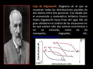 Caja de Edgeworth. Diagrama en el que se
muestran todas las distribuciones posibles de
dos bienes entre dos personas. Fue ideada por
el economista y matemático británico Francis
Ysidro Edgeworth hacia fines del siglo XIX, de
gran utilidad en el análisis de las situaciones en
las que existen sólo dos actores económicos y
no un mercado, como las de
monopolio, oligopolio, etc.
http://www.eumed.net
 