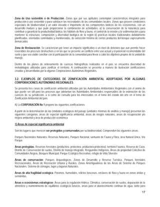 Zona de Uso sostenible o de Producción. Zonas que por sus aptitudes contemplan características integrales para
producción o uso sostenible y para satisfacer las necesidades de las comunidades locales. Zonas que poseen condiciones
especiales de biodiversidad y un valor elevado e importante de los componentes bióticos de los ecosistemas, con un
desarrollo maduro y que pude proporcionar la combinación de actividades: a) la conservación de la naturaleza para
contribuir a garantizar la productividad biótica, los hábitats de flora y fauna, el control de la erosión y la sedimentación y para
mantener la estructura, composición y diversidad biológica de la región b) prácticas locales tradicionales debidamente
planificadas, orientadas controladas y monitoreadas, de extracción mínima de ciertos productos del bosque expresamente
demarcados.

Zona de Restauración: Se caracterizan por tener un impacto significativo o un nivel de deterioro que aun permite hacer
reversibles los procesos destructivos o en las que se presente un conflicto entre uso actual y el potencial recomendable del
suelo y que sea viable conciliar con la participación de la comunidad para llevar a cabo los objetivos propios de la unidad de
manejo.

Dentro de los planes de ordenamiento de cuencas hidrográficas realizados en el país se encuentra diversidad de
metodologías utilizadas para zonificar el territorio. A continuación se presenta a manera de ilustración zonificaciones
creadas y desarrolladas por la algunas Corporaciones Autónomas Regionales.

3.2. EJEMPLOS DE CATEGORÍAS DE ZONIFICACIÓN AMBIENTAL ADOPTADAS POR ALGUNAS
CORPORACIONES AUTÓNOMAS REGIONALES
Se presenta tres casos de zonificación ambiental utilizadas por las Autoridades Ambientales Regionales con el animo de
que puede ser útil para los procesos que adelantan las Autoridades Ambientales responsables de la ordenación de las
cuencas de su jurisdicción, a si como de consulta para los interesados en el tema del estado del arte en el tema de
Zonificación Ambiental del país.

A) La CORPORACIÓN No 1 propone las siguientes zonificaciones:

A partir de la determinación de las Unidades ecológicas del paisaje (unidades mínimas de análisis y manejo) presentan las
siguientes categorías: áreas de especial significancia ambiental, áreas de riesgos naturales, áreas de recuperación y/o
mejora ambiental y área de producción económica.

1) Áreas de especial significancia ambiental

Son los lugares que merecen ser protegidos y conservados por su biodiversidad. Comprenden las siguientes áreas:

Parques Nacionales Naturales: Reservas Naturales, Parques Nacional, santuario de Fauna y Flora, área Natural Única, Vía
Parque.

Áreas protegidas: Reservas forestales (productora, protectora, productora-protectora), territorio Fáunico, Reserva de Caza,
Distrito de Conservación de suelos, Distrito de manejo integrado, Resguardos Indígenas, Áreas de propiedad Colectiva de
Comunidades Negras, Bosques Municipal, Parque Ecológico Recreativo, refugio de Vida Silvestre.

Áreas de conservación: Parques Arqueológicos, Zonas de Desarrollo y Reserva Turística, Parques forestales
Recreacionales, Áreas de Recreación Urbana y Rurales, Zonas Amortiguadoras de las Áreas de Sistema de Parques
Nacionales. Sistema de ciénagas, lagos y lagunas Naturales.

Áreas de alta fragilidad ecológica: Páramos, humedales, relictos boscosos, enclaves de flora y fauna en zonas áridas y
semiáridas.

Áreas o ecosistemas estratégicos: Áreas para la regulación Hídrica. Climática, conservación de suelos, depuración de la
atmósfera y mantenimiento de equilibrios ecológicos básicos, áreas para el abastecimiento continuo de agua, tanto para

                                                                                                                               17
 