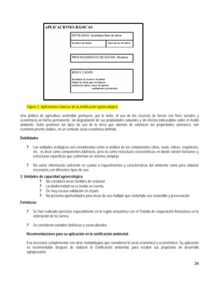 Figura 3. Aplicaciones básicas de la zonificación agroecológica.

Una política de agricultura sostenible promueve, por lo tanto, el uso de los recursos de tierras con fines sociales y
económicos en forma permanente, sin degradación de sus propiedades naturales y sin efectos indeseables sobre el medio
ambiente. Debe promover los tipos de uso de la tierra que además de satisfacer las propiedades anteriores, son
económicamente viables, en un contexto socio-económico definido.

Debilidades

    ?   Las unidades ecológicas son consideradas como el análisis de los componentes clima, suelo, relieve, vegetación,
        etc., es decir como componentes biofísicos, pero no como estructuras ecosistémicas en donde existen funciones y
        estructuras especificas que conforman un sistema complejo.

    ?   No existe información suficiente en cuanto a requerimientos y características del ambiente como para elaborar
        escenarios con diferentes tipos de uso.
3. Unidades de capacidad agroecológica
            ? No considera áreas factibles de restaurar.
            ? La biodiversidad no es tenida en cuenta.
            ? De muy escasa validación en el país
            ? No presenta oportunidades para áreas de uso múltiple que contemple uso sostenible y preservación
Fortalezas

    ?   Se han realizado ejercicios especialmente en la región amazónica con el Tratado de cooperación Amazónica en la
        ordenación de la cuenca.

    ?   Se consideran variables biofísicas y socioculturales.

    Recomendaciones para su aplicación en la zonificación ambiental.

    Esa necesario complementar con otras metodologías que consideren lo socio económico y ecosistémico. Su aplicación
    es recomendable después de elaborar la Zonificación ambiental, para resaltar sus propósitos de desarrollo
    agropecuario.

                                                                                                                    34
 