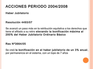 ACCIONES PERIODO 2004/2008
Haber Jubilatorio
 
Resolución 4493/07
Se avanzó un paso más en la retribución equitativa a los derechos que
tiene el afiliado a su retiro elevando la bonificación máxima al
200% del Haber Jubilatorio Ordinario Básico
 
Res Nº3664/05
Se creó la bonificación en el haber jubilatorio de un 3% anual,
por permanencia en el sistema, con un tope de 7 años
 