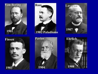 Von BeringVon Bering
19011901
RossRoss
1902 Paludismo1902 Paludismo
LaveranLaveran
19071907
FinsenFinsen
19031903
PavlovPavlov
19041904
EhrlichEhrlich
19081908
 