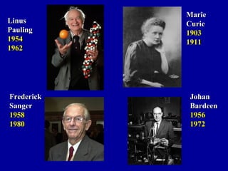 MarieMarie
CurieCurie
19031903
19111911
JohanJohan
BardeenBardeen
19561956
19721972
LinusLinus
PaulingPauling
19541954
19621962
FrederickFrederick
SangerSanger
19581958
19801980
 