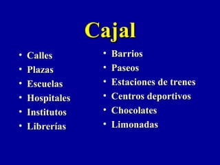 CajalCajal
• CallesCalles
• PlazasPlazas
• EscuelasEscuelas
• HospitalesHospitales
• InstitutosInstitutos
• LibreríasLibrerías
• BarriosBarrios
• PaseosPaseos
• Estaciones de trenesEstaciones de trenes
• Centros deportivosCentros deportivos
• ChocolatesChocolates
• LimonadasLimonadas
 