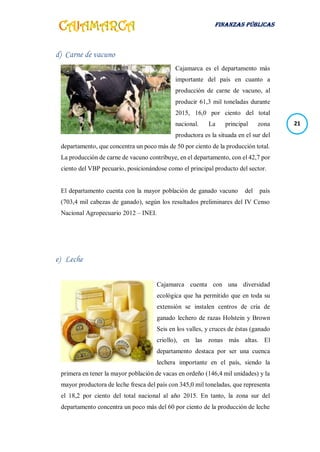 FINANZAS PÚBLICAS
21
d) Carne de vacuno
Cajamarca es el departamento más
importante del país en cuanto a
producción de carne de vacuno, al
producir 61,3 mil toneladas durante
2015, 16,0 por ciento del total
nacional. La principal zona
productora es la situada en el sur del
departamento, que concentra un poco más de 50 por ciento de la producción total.
La producción de carne de vacuno contribuye, en el departamento, con el 42,7 por
ciento del VBP pecuario, posicionándose como el principal producto del sector.
El departamento cuenta con la mayor población de ganado vacuno del país
(703,4 mil cabezas de ganado), según los resultados preliminares del IV Censo
Nacional Agropecuario 2012 – INEI.
e) Leche
Cajamarca cuenta con una diversidad
ecológica que ha permitido que en toda su
extensión se instalen centros de cría de
ganado lechero de razas Holstein y Brown
Seis en los valles, y cruces de éstas (ganado
criollo), en las zonas más altas. El
departamento destaca por ser una cuenca
lechera importante en el país, siendo la
primera en tener la mayor población de vacas en ordeño (146,4 mil unidades) y la
mayor productora de leche fresca del país con 345,0 mil toneladas, que representa
el 18,2 por ciento del total nacional al año 2015. En tanto, la zona sur del
departamento concentra un poco más del 60 por ciento de la producción de leche
 