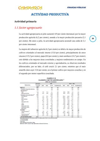 FINANZAS PÚBLICAS
34
ACTIVIDAD PRODUCTIVA
Actividad primaria
1.1 Sector agropecuario
La actividad agropecuaria en julio aumentó 4,9 por ciento interanual, por la mayor
producción agrícola (6,2 por ciento), aunada a la mayor producción pecuaria (2,1
por ciento). De enero a julio, la actividad agropecuaria acumuló una caída de 2,1
por ciento interanual.
La mejora del subsector agrícola (6,2 por ciento) se debió a la mayor producción de
cultivos orientados al mercado interno (13,0 por ciento), principalmente de arroz
cáscara (115,2 por ciento), papa (8,8 por ciento) y maíz amiláceo (14,7 por ciento);
esto debido a las mayores áreas cosechadas y mejores rendimientos en campo. En
los cultivos orientados al mercado externo y agroindustria, se observan resultados
diferenciados, por un lado, el café creció 2,1 por ciento, mientras que el maíz
amarillo duro cayó 13,8 por ciento; en el primer cultivo por mayores cosechas y en
el segundo por menor superficie cosechada.
 