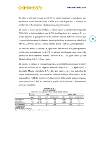 FINANZAS PÚBLICAS
35
En julio, la actividad pecuaria creció 2,1 por ciento interanual. Los productos que
ayudaron a su crecimiento fueron: la leche y la carne de porcino, al aumentar su
producción en 5,3 por ciento y 1,2 por ciento, respectivamente.
En cuanto al avance de las siembras, al último mes de la actual campaña agrícola
2015-2016, se han instalado un total de 228,6 mil hectáreas, área menor en 5,1 por
ciento, respecto a igual periodo de la campaña anterior. Entre los cultivos que
registraron las menores siembras en términos absolutos, se encuentran: el café (-5
314 has.), arroz (-5 207 has.) y maíz amarillo duro (-1 025 has.), principalmente.
La actividad minera se contrajo 26,4 por ciento interanual en julio, principalmente
por la menor extracción de oro (-31,2 por ciento), que obedece a una caída en la
producción de las empresas: Minera Yanacocha S.R.L. (-49,2 por ciento) y Gold
Fields La Cima S.A. (-13,8 por ciento).
En cuanto a la caída en la producción de plata, se sustenta básicamente, en la menor
extracción realizada por las empresas Minera La Zanja S.R.L. (-31,4 por ciento) y
Compañía Minera Coimolache S.A. (-20,3 por ciento). En el caso del cobre, la
mayor producción radica en un aumento en la extracción de dicho mineral por la
empresa Gold Fields La Cima S.A. (7,9 por ciento). Cabe resaltar que esta empresa
minera concentra el 99,9 por ciento de la producción de cobre en el departamento
en lo que va del año.
 