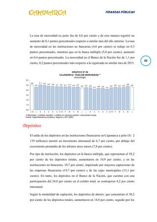 FINANZAS PÚBLICAS
42
La tasa de morosidad en junio fue de 4,6 por ciento y de esta manera registró un
aumento de 0,1 puntos porcentuales respecto a similar mes del año anterior. La tasa
de morosidad en las instituciones no bancarias (4,6 por ciento) se redujo en 0,3
puntos porcentuales, mientras que en la banca múltiple (5,0 por ciento), aumentó
en 0,4 puntos porcentuales. La morosidad en el Banco de la Nación fue de 1,1 por
ciento, 0,2 puntos porcentuales más respecto a la registrada en similar mes de 2015.
Depósitos
El saldo de los depósitos en las instituciones financieras en Cajamarca a julio (S/. 2
139 millones) mostró un incremento interanual de 6,7 por ciento, por debajo del
crecimiento promedio de los últimos doce meses (7,8 por ciento).
Por tipo de institución, los depósitos en la banca múltiple, que representan el 58,2
por ciento de los depósitos totales, aumentaron en 10,9 por ciento; y en las
instituciones no bancarias, 10,7 por ciento, impulsado por mayores captaciones de
las empresas financieras (19,7 por ciento) y de las cajas municipales (13,1 por
ciento). En tanto, los depósitos en el Banco de la Nación, que cuentan con una
participación del 24,8 por ciento en el crédito total, se contrajeron 4,2 por ciento
interanual.
Según la modalidad de captación, los depósitos de ahorro, que concentran el 38,2
por ciento de los depósitos totales, aumentaron en 14,8 por ciento, seguido por los
 