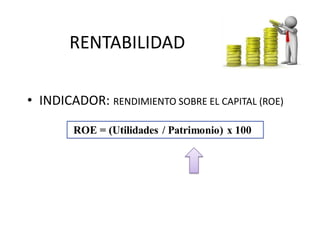 RENTABILIDAD
• INDICADOR: RENDIMIENTO SOBRE EL CAPITAL (ROE)
 