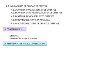 4.2. INDICADORES DE CALIDAD DE CARTERA
4.2.1 CARTERA ATRASADA /CREDITOS DIRECTOS
4.2.2 CARTERA DE ALTO RIESGO /CREDITOS DIRECTOS
4.2.3 CARTERA PESADA /CREDITOS DIRECTOS
4.2.4 PROVISIONES /CARTERA ATRASADA
4.2.5 PROVISIONES /TOTAL DE CREDITOS DIRECTOS.
V. CONCLUSIONES
GENERAL
ESPECIFICAS POR CADA ITEM
VI. REFERENCIA DE MEDIOS CONSULTADOS.
 