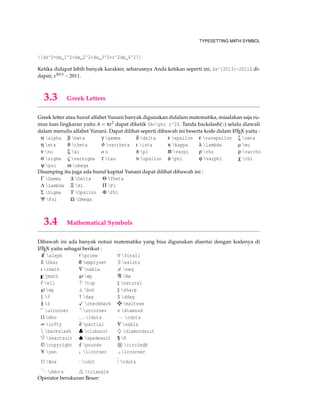 TYPESETTING MATH SYMBOL
[ds^2=dx_1^2+dx_2^2+dx_3^2+c^2dx_4^2]
Ketika didapat lebih banyak karakter, seharusnya Anda ketikan seperti ini, $x^{2013}-2011$ di-
dapat; x2013 −2011.
3.3 Greek Letters
Greek letter atau huruf alfabet Yunani banyak digunakan didalam matematika, misalakan saja ru-
mus luas lingkaran yaitu A = πr2 dapat diketik $A=phi r^2$. Tanda backslash() selalu diawali
dalam menulis alfabet Yunani. Dapat dilihat seperti dibawah ini beserta kode dalam LATEX yaitu :
α alpha β beta γ gamma δ delta ε epsilon ε varepsilon ζ zeta
η eta θ theta ϑ vartheta ι iota κ kappa λ lambda µ mu
ν nu ξ xi o o π pi ϖ varpi ρ rho ρ varrho
σ sigma ς varsigma τ tau υ upsilon φ phi ϕ varphi χ chi
ψ psi ω omega
Disamping itu juga ada huruf kapital Yunani dapat dilihat dibawah ini :
Γ Gamma ∆ Delta Θ Theta
Λ Lambda Ξ Xi Π Pi
Σ Sigma ϒ Upsilon Φ Phi
Ψ Psi Ω Omega
3.4 Mathematical Symbols
Dibawah ini ada banyak notasi matematika yang bisa digunakan disertai dengan kodenya di
LATEX yaitu sebagai berikut :
ℵ aleph prime ∀ forall
hbar /0 emptyset ∃ exists
ı imath ∇ nabla = neq
jmath ℘wp ℜ Re
ell top natural
℘wp ⊥ bot sharp
| † dag ‡ ddag
§ S checkmark maltese
ulcorner urcorner diamond
0 mho ... ldots ··· cdots
∞ infty ∂ partial ∇ nabla
 backslash ♣ clubsuit ♦ diamondsuit
♥ heartsuit ♠ spadesuit ¶ P
© copyright £ pounds circledR
yen llcorner lrcorner
2 Box · cdot
... vdots
... ddots triangle
Operator berukuran Besar:
 