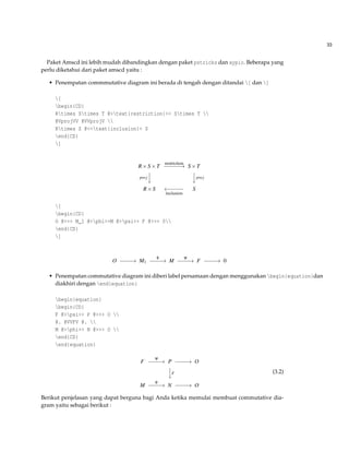 33
Paket Amscd ini lebih mudah dibandingkan dengan paket pstricks dan xypic. Beberapa yang
perlu diketahui dari paket amscd yaitu :
• Penempatan commmutative diagram ini berada di tengah dengan ditandai [ dan ]
[
begin{CD}
Rtimes Stimes T @>text{restriction}>> Stimes T 
@VprojVV @VVprojV 
Rtimes S @<<text{inclusion}< S
end{CD}
]
R×S×T
restriction
−−−−−−→ S×T
proj



proj
R×S ←−−−−−
inclusion
S
[
begin{CD}
O @>>> M_1 @>phi>>M @>psi>> F @>>> 0
end{CD}
]
O −−−−→ M1
φ
−−−−→ M
ψ
−−−−→ F −−−−→ 0
• Penempatan commutative diagram ini diberi label persamaan dengan menggunakan begin{equation}dan
diakhiri dengan end{equation}
begin{equation}
begin{CD}
F @>psi>> P @>>> O 
@. @VVFV @. 
M @>phi>> N @>>> O 
end{CD}
end{equation}
F
ψ
−−−−→ P −−−−→ O


F
M
φ
−−−−→ N −−−−→ O
(3.2)
Berikut penjelasan yang dapat berguna bagi Anda ketika memulai membuat commutative dia-
gram yaitu sebagai berikut :
 