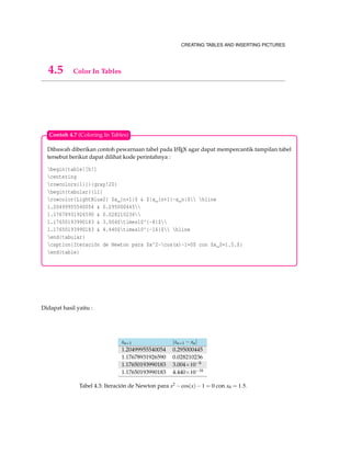 CREATING TABLES AND INSERTING PICTURES
4.5 Color In Tables
Dibawah diberikan contoh pewarnaan tabel pada LATEX agar dapat mempercantik tampilan tabel
tersebut berikut dapat dilihat kode perintahnya :
begin{table}[h!]
centering
rowcolors{1}{}{gray!20}
begin{tabular}{ll}
rowcolor{LightBlue2} $x_{n+1}$ & $|x_{n+1}-x_n|$ hline
1.20499955540054 & 0.295000445
1.17678931926590 & 0.028210236
1.17650193990183 & 3.004$times10^{-8}$
1.17650193990183 & 4.440$times10^{-16}$ hline
end{tabular}
caption{Iteración de Newton para $x^2-cos(x)-1=0$ con $x_0=1.5.$}
end{table}
Contoh 4.7 (Coloring In Tables)
Didapat hasil yaitu :
xn+1 |xn+1 −xn|
1.20499955540054 0.295000445
1.17678931926590 0.028210236
1.17650193990183 3.004×10−8
1.17650193990183 4.440×10−16
Tabel 4.3: Iteración de Newton para x2 −cos(x)−1 = 0 con x0 = 1.5.
 