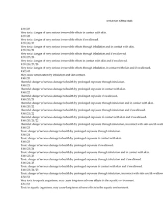 STRUKTUR IKATAN KIMIA
R 39/27
Very toxic: danger of very serious irreversible effects in contact with skin.
R 39/28
Very toxic: danger of very serious irreversible effects if swallowed.
R 39/26/27
Very toxic: danger of very serious irreversible effects through inhalation and in contact with skin.
R 39/26/28
Very toxic: danger of very serious irreversible effects through inhalation and if swallowed.
R 39/27/28
Very toxic: danger of very serious irreversible effects in contact with skin and if swallowed.
R 39/26/27/28
Very toxic: danger of very serious irreversible effects through inhalation, in contact with skin and if swallowed.
R 42/43
May cause sensitization by inhalation and skin contact.
R 48/20
Harmful: danger of serious damage to health by prolonged exposure through inhalation.
R 48/21
Harmful: danger of serious damage to health by prolonged exposure in contact with skin.
R 48/22
Harmful: danger of serious damage to health by prolonged exposure if swallowed.
R 48/20/21
Harmful: danger of serious damage to health by prolonged exposure through inhalation and in contact with skin.
R 48/20/22
Harmful: danger of serious damage to health by prolonged exposure through inhalation and if swallowed.
R 48/21/22
Harmful: danger of serious damage to health by prolonged exposure in contact with skin and if swallowed.
R 48/20/21/22
Harmful: danger of serious damage to health by prolonged exposure through inhalation, in contact with skin and if swallo
R 48/23
Toxic: danger of serious damage to health by prolonged exposure through inhalation.
R 48/24
Toxic: danger of serious damage to health by prolonged exposure in contact with skin.
R 48/25
Toxic: danger of serious damage to health by prolonged exposure if swallowed.
R 48/23/24
Toxic: danger of serious damage to health by prolonged exposure through inhalation and in contact with skin.
R 48/23/25
Toxic: danger of serious damage to health by prolonged exposure through inhalation and if swallowed.
R 48/24/25
Toxic: danger of serious damage to health by prolonged exposure in contact with skin and if swallowed.
R 48/23/24/25
Toxic: danger of serious damage to health by prolonged exposure through inhalation, in contact with skin and if swallowe
R 50/53
Very toxic to aquatic organisms, may cause long-term adverse effects in the aquatic environment.
R 51/53
Toxic to aquatic organisms, may cause long-term adverse effects in the aquatic environment.
 