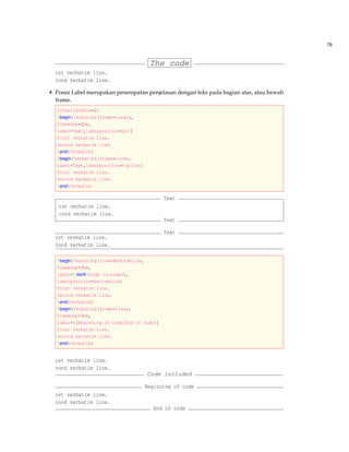 79
The code
rst verbatim line.
cond verbatim line.
• Posisi Label merupakan penempatan penjelasan dengan teks pada bagian atas, atau bawah
frame.
fvset{gobble=2}
begin{Verbatim}[frame=single,
framesep=2mm,
label=Text,labelposition=all]
First verbatim line.
Second verbatim line.
end{Verbatim}
begin{Verbatim}[frame=lines,
label=Text,labelposition=topline]
First verbatim line.
Second verbatim line.
end{Verbatim
Text
rst verbatim line.
cond verbatim line.
Text
Text
rst verbatim line.
cond verbatim line.
begin{Verbatim}[frame=bottomline,
framesep=3mm,
label= textit {Code included},
labelposition=bottomline]
First verbatim line.
Second verbatim line.
end{Verbatim}
begin{Verbatim}[frame=lines,
framesep=3mm,
label={[Beginning of code]End of code}]
First verbatim line.
Second verbatim line.
end{Verbatim}
rst verbatim line.
cond verbatim line.
Code included
Beginning of code
rst verbatim line.
cond verbatim line.
End of code
 