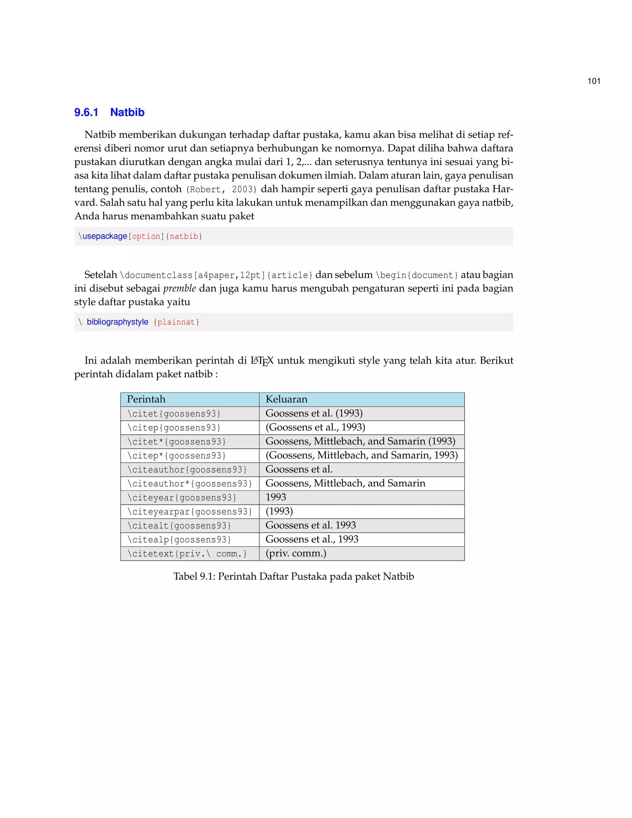 61 
accumsan eleifend, sagittis quis, diam. Duis eget orci sit amet orci dignissim rutrum. 
Nam dui ligula, fringilla a, euismod sodales, sollicitudin vel, wisi. Morbi auctor lorem non justo. 
Nam lacus libero, pretium at, lobortis vitae, ultricies et, tellus. Donec aliquet, tortor sed accumsan 
bibendum, erat ligula aliquet magna, vitae ornare odio metus a mi. Morbi ac orci et nisl hendrerit 
mollis. Suspendisse ut massa. Cras nec ante. Pellentesque a nulla. Cum sociis natoque penatibus 
et magnis dis parturient montes, nascetur ridiculus mus. Aliquam tincidunt urna. Nulla ullam-corper 
vestibulum turpis. Pellentesque cursus luctus mauris. 
4.6.0.1 Apa yang terjadi 
Didalam menyisipkan gambar diperintah perintah untuk memanggil yaitu includegraphics. 
Kita bisa menspesifikasi jenis file yang dapat disisipkan dalam dokumen LATEX Anda yaitu : 
• PNG,JPG,PDF bisa disisipkan secara langsung dengan men-compile PDFLaTEX atau lang-sung 
klik ikon PDFTeXify pada text editor WinEdt Anda. 
• EPS bisa disisipkan dengan men-compile ke DVI kemudian konversikan ke PS lalu ke PDF. 
Kamu bisa menggunakan pengaturan pada bagian menu Options pada WinEdt kemudian 
Excution Mode  TEX Options  dvi!ps!pdf, lalu klik Apply dan terakhir klik OK untuk 
menyetujui perubahan yang ada. 
4.6.1 Membesar Gambar 
Pada contoh diatas terdapat pengaturan ukuran besarnya gambar yang disisipkan dan penem-patan 
gambar pada dokumen LATEX yaitu width=2cm dan [h]. Kamu bisa memilih ukuran yang 
berbeda pada gambar yang ingin kamu sisipkan. Untuk itu, marilah kita mengatur suatu kode 
perintah pemanggilan gambar yaitu includegraphics. 
includegraphics[ukuran gambar yang akan kita buat]{nama file gambar} 
Dibawah ini daftar pengaturan ukuran gambar dalam package graphicx yaitu : 
• width. Perintah ini digunakan untuk mengubah ukuran lebar suatu gambar. 
• height. Perintah ini digunakan untuk mengubah ukuran tinggi suatu gambar. 
• scale. Perintah ini digunakan untuk skala suatu gambar. 
• angle. Perintah ini digunakan untuk rotasi/ sudut suatu gambar, tetapi anda dapat meng-gunakan 
paket sideways untuk gambar posisi mendatar atau dengan paket rotating untuk 
perputaran posisi gambar. 
4.6.2 Floating Gambar 
Penempatan posisi gambar tentu sangat berguna bagi kita untuk menjelaskan suatu hal di-dalam 
dokumen. Dibawah ini diberikan beberapa penempatan posisi gambar yaitu : 
• h artinya here, penempatan posisi gambar dimana kode perintah kita tuliskan. 
• t artinya atas, penempatan posisi gambar diatas dokumen yang kita tulis. 
 