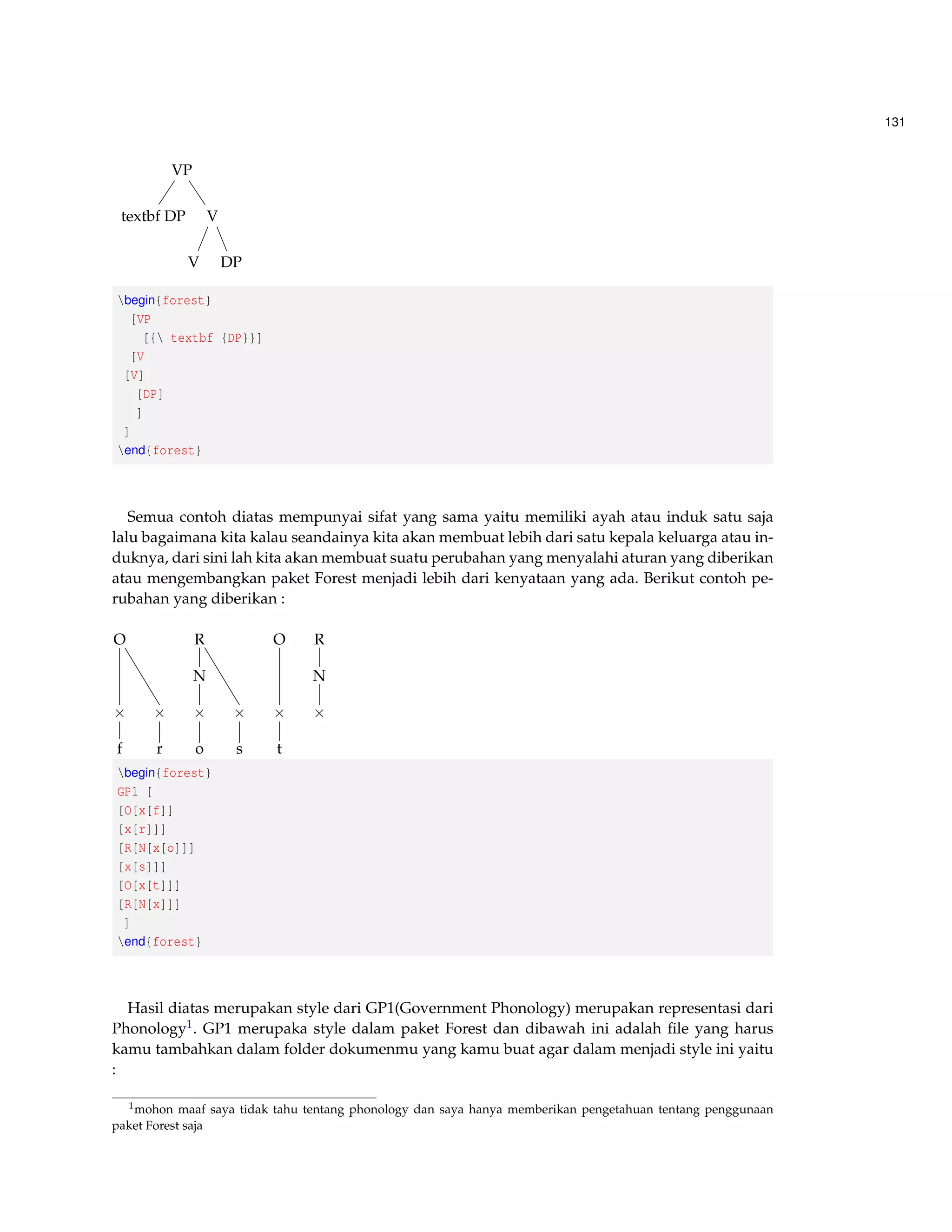 91 
dynkindot{x}{0} 
} 
dynkincross{6}{0} 
dynkindot{3}{1} 
dynkinline{1}{0}{6}{0} 
dynkinline{3}{0}{3}{1} 
end{dynkin} 
 
the space of null octave 3-planes in octave 6-space 
end{tabular} 
end{document} 
• Keluaran untuk kode LATEX ini dapat dilihat dibawah ini dan saya labeli contoh supaya 
dapat lebih jelas 
Contoh 8.1 
An Grassmannian of k-planes in Cn+1 
Bn 
(2n1)-dimensional hyperquadric, i.e. the variety 
of null lines in C2n+1 
Cn space of Lagrangian n-planes in C2n 
Dn 
(2n1)-dimensional hyperquadric, i.e. the variety 
of null lines in C2n+1 
Dn 
one component of the variety of maximal dimension 
null s 
Dn the other component 
E6 complexified octave projective plane 
E6 its dual plane 
E7 the space of null octave 3-planes in octave 6-space 
8.3 Alternatif membuat Dynkin Diagram 
Dibawahi saya akan membuat alternatif dalam membuat diagram dynkin 
 