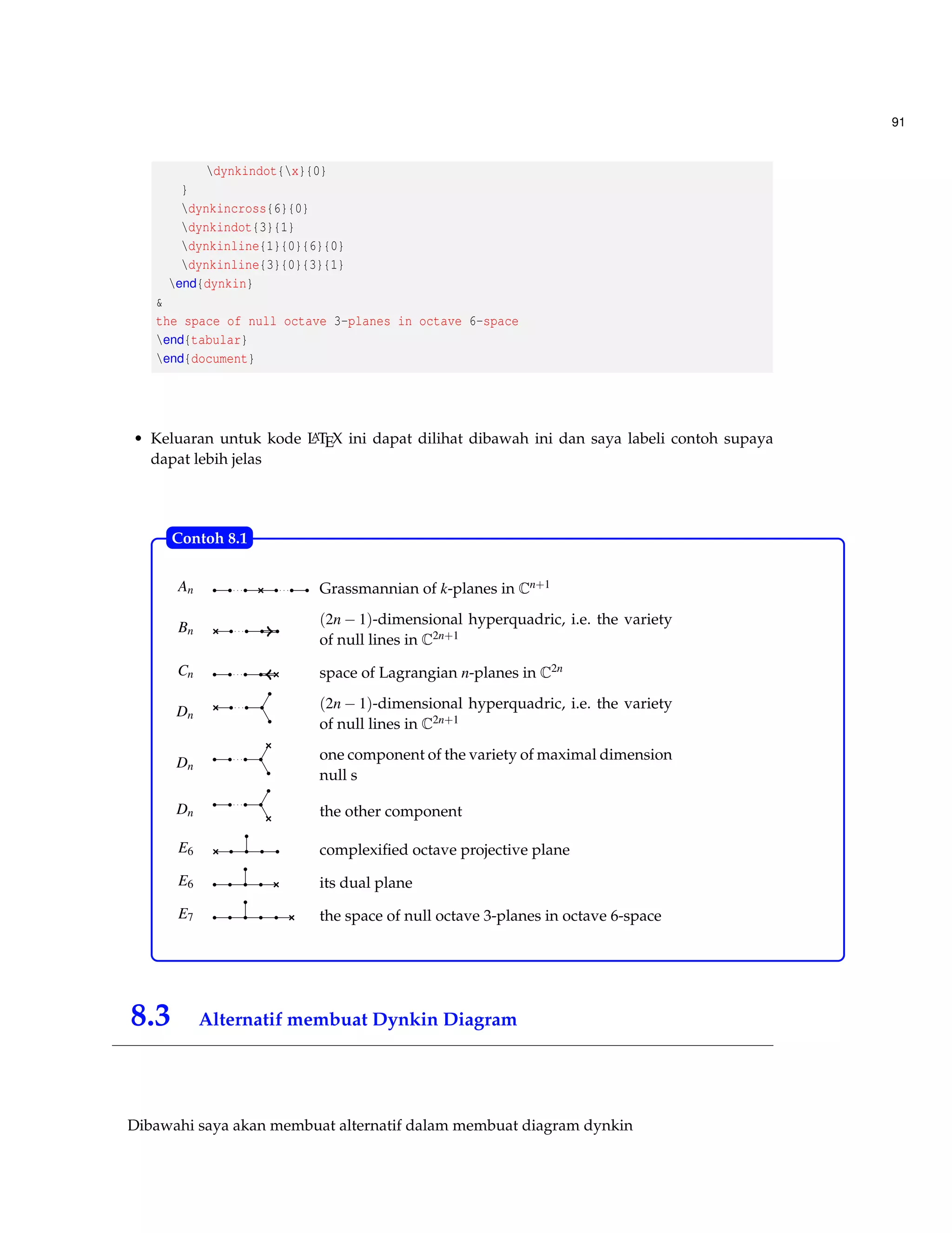 51 
Contoh 4.3 (Building a table of font family commands) 
Kita akan membuat tabel dengan pengaturan garis horizontal dan pengaturan posisi teks didalam 
tabel yaitu rata kiri, rata kanan, ataupun rata tengah dapat dilakukan sebagai berikut : 
1. Mulailah dengan membuat dokumen baru kemudian definisikan pengaturan baris depan 
untuk daftar tulisan yang ada. 
documentclass{article} 
newcommand{head}[1]{textnormal{textbf{#1}}} 
begin{document} 
2. Mulailah mendefinisikan tabular environment, dengan menjelaskan pengaturan perataan 
tulisan, misalkan ketiklah {ccc} untuk perataan tengah tiga kolom yang kita buat. 
begin{tabular}{ccc} 
3. Tulislah tabel baris depan kemudian pisahkan ketiga kolom tersebut dan akhirilah dengan 
mengetik tanda . Gunakan hline untuk menandakan garis horizontal. 
hline 
head{Command}  head{Declaration}  head{Output} 
hline 
4. Lanjutkan dan isi kolom dan baris dengan teks kemudian tambahkan nverb j ncommand j. 
verb|textrm|  verb|rmfamily|  rmfamily Example text 
verb|textsf|  verb|sffamily|  sffamily Example text 
verb|texttt|  verb|ttfamily|  ttfamily Example text 
hline 
end{tabular} 
end{document} 
5. Didapatkan hasil yaitu : 
Command Declaration Output 
textrm rmfamily Example text 
textsf sffamily Example text 
texttt ttfamily Example text 
4.3 Mengerti Format Argumen 
 