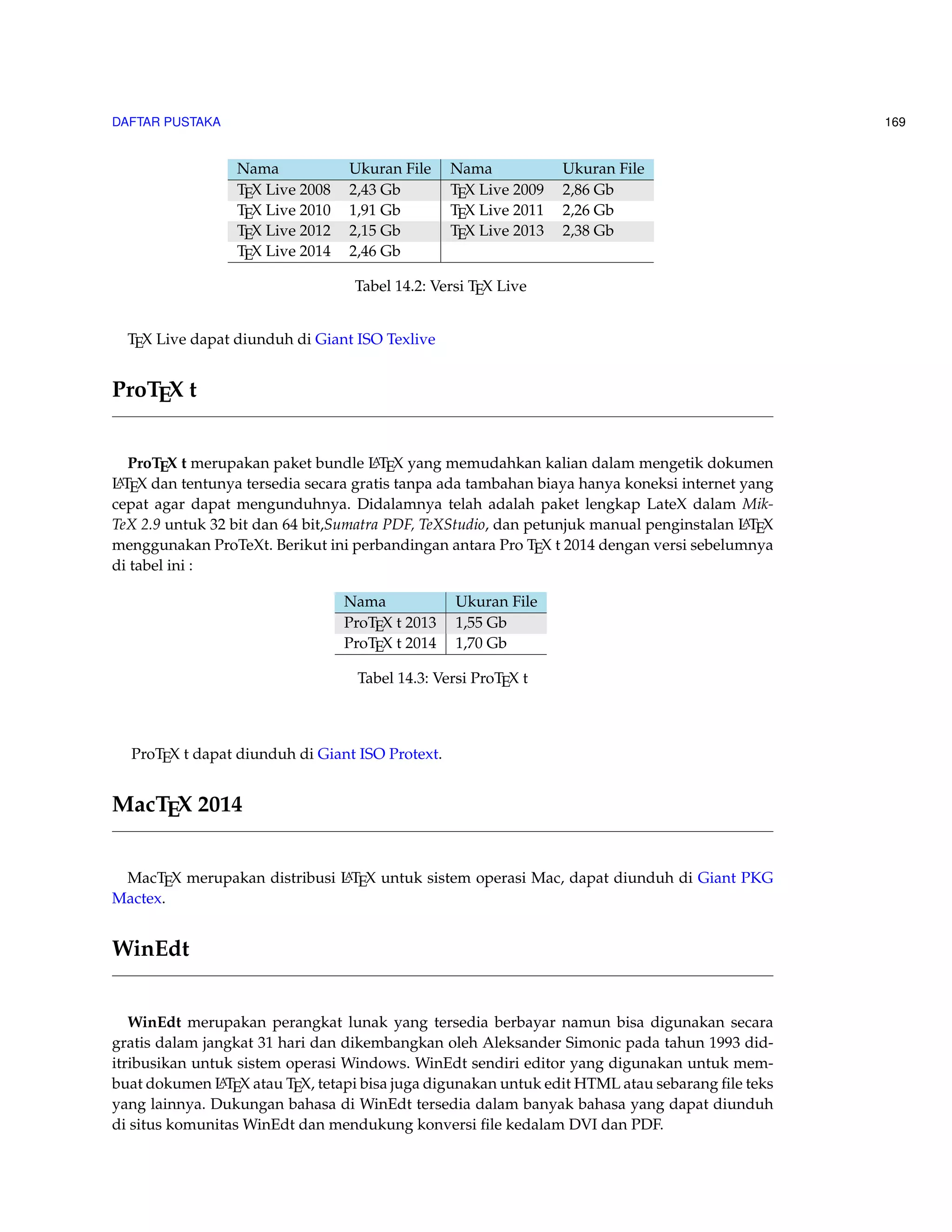 121 
2 Berfokus pada penulis yang kita ambil. 
Contoh : 
Cochrane(2007) menyimpulkan bahwa ... 
– Penulis tunggal dan kata yang disisipkan kurang dari 30 kata dari penulis 
Masukkan kata tersebut dalam paragraf dan masukkan halaman yang kita ambil serta 
gunakan tanda petik tunggal untuk kata yang kita masukkan. 
Contoh : 
Dalam pandangan yang menarik diungkapkan bahwa ’pengembangan hubungan sosial 
salah satu dampak yang berpengaruh pada petumbuhan ekonomi’(Cochrane 2007, p. 
117) atau 
Pandangan menarik yang diungkapkan oleh Cochrane(2007,p.117) bahwa ’pengem-bangan 
hubungan sosial salah satu dampak yang berpengaruh pada pertumbuhan 
ekonomi. 
– Dua penulis dan kata yang disisipkan  30 kata 
Sebelum menyisipkan buatlah baris baru dengan spasi 5 dan masukkan halaman yang 
kita ambil dan jangan beri tanda petik atau dua tanda petik. Gunakan dua spasi se-belum 
kata yang disisipkan dan gunakan satu spasi pada kata yang disisipkan. 
Contoh : 
Make sure the quote is exactly as it was published. Much has been written about acute 
care. Finkelman(2006, p. 184), for example, points out that: 
There are many changes in acute care services occurring almost daily, and due to the 
increasing use of outpatient surgery, surgical services have experienced major changes. 
Hospitals are increasing the size of their outpatient or ambulatory surgery departments 
and adjusting to the need of moving patients into and out of the surgical service in 1 
day or even a few hours. Recently, this trend has been seen in some Australian hospi-tals 
and research here ... 
Dari penjelasan diatas hanya beberapa saja, untuk lebih detail penjelasan tentang penggu-naannya 
dapat dilihat di Library (2013) 
9.5 Manual Bibliography 
Banyaknya gaya penulisan daftar pustaka dengan berbagai pilihan sesuai kebutuhan kita, ten-tunya 
bagi kita yang tidak terlalu mengerti mengenai pembuatan daftar pustaka melalui tamba-han 
perangkat seperti bibTEX. Salah satu hal itulah kita akan memberikan cara pembuatan daftar 
pustaka secara manual. Berikut contoh : 
1 begin{thebibliography}{9} 
2 bibitem{lamport94} 
3 Leslie Lamport, 
4 emph{LaTeX: A Document Preparation System}. 
5 AddisonWesley, Massachusetts, 
6 2nd Edition, 
 