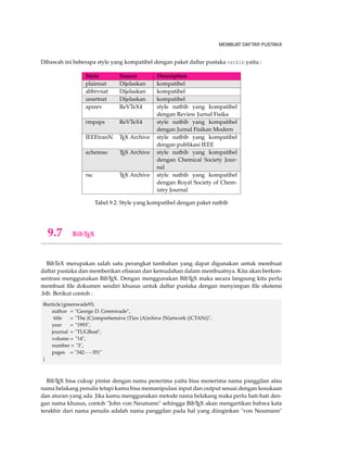 MEMBUAT TABEL DAN MENYISIPKAN GAMBAR 
Contoh 4.6 (Formatting Table I) 
documentclass{article} 
usepackage{booktabs,array,dcolumn} 
newcolumntype{d}{D{.}{.}{2.3}} 
newcolumntype{C}{{centering}p} 
begin{document} 
begin{table}[htdp] 
caption{Comparison of Elements in Air on the Space Station and sea level on Earth} 
centering 
begin{center} 
begin{tabular}{p{1.25in}ddd} 
toprule 
multicolumn{1}{C{1.25in}}{Chemical Component}  multicolumn{1}{C{1in}}{Earth’s 
Atmosphere (%)}  multicolumn{1}{C{1.25in}}{Ideal Values for the Space Station (%)} 
 multicolumn{1}{C{1in}}{Astronaut Exhalation (%)} 
midrule 
Nitrogen  78.084  78.000  74.200  
Oxygen  20.946  21.000  15.300  
Argon  0.934  0.000  0.000  
Carbon Dioxide  0.033  0.000  3.600  
Water Vapour  0.030  1.000  0.800  
Trace Elements  0.003  0.000  0.800  
bottomrule 
end{tabular} 
end{center} 
label{default} 
end{table} 
end{document} 
Didapat hasil yaitu : 
Tabel 4.2: Comparison of Elements in Air on the Space Station and sea level on Earth 
Chemical 
Component 
Earth’s 
Atmosphere (%) 
Ideal Values for the 
Space Station (%) 
Astronaut 
Exhalation (%) 
Nitrogen 78:084 78:000 74:200 
Oxygen 20:946 21:000 15:300 
Argon 0:934 0:000 0:000 
Carbon Dioxide 0:033 0:000 3:600 
Water Vapour 0:030 1:000 0:800 
Trace Elements 0:003 0:000 0:800 
 