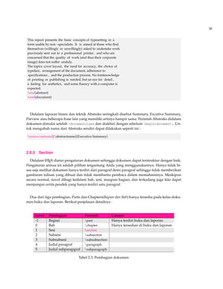 35 
This report presents the basic concepts of typesetting in a 
form usable by nonspecialists. It is aimed at those who find 
themselves (willingly or unwillingly) asked to undertake work 
previously sent out to a professional printer , and who are 
concerned that the quality of work (and thus their corporate 
image) does not suffer unduly. 
The topics cover layout, the need for accuracy, the choice of 
typeface, arrangement of the document, adherence to 
specifications , and the production process. No foreknowledge 
of printing or publishing is needed, but an eye for detail , 
a feeling for æsthetics, and some fluency with a computer is 
expected. 
end{abstract} 
end{document} 
Didalam laporan bisnis dan teknik Abstraks seringkali disebut Summary, Excutive Summary, 
Preview atau beberapa frase lain yang memiliki artinya hampir sama. Perintah Abstraks didalam 
dokumen dimulai setelah documentclass dan diakhiri dengan sebelum begin{document}. Un-tuk 
mengubah nama dari Abstraks sendiri dapat dilakukan seperti ini : 
renewcommand{abstractname}{Executive Summary} 
2.8.5 Section 
Didalam LATEX diatur pengaturan dokumen sehingga dokumen dapat terstruktur dengan baik. 
Pengaturan semua ini adalah pilihan tergantung Anda yang menggunakannya. Hanya tidak bi-asa 
saja melihat dokumen hanya terdiri dari paragraf demi paragraf sehingga tidak memberikan 
gambaran tulisan yang dibuat dan tidak membantu pembaca dalam memahaminya. Meskipun 
secara normal, novel dibagi kedalam bab, sesi, maupun bagian, dan terkadang juga kita dapat 
menjumpai cerita pendek yang hanya terdiri satu paragraf. 
Dua dari tiga pembagian, Parts dan Chapters(Bagian dan Bab) hanya tersedia pada kelas doku-men 
buku dan laporan. Berikut penjelasan detailnya : 
Level Pembagian Perintah Catatan 
-1 Bagian part Hanya terdiri buku dan laporan 
0 Bab chapter Hanya tersedian di buku dan laporan 
1 Sesi section 
2 Subsesi subsection 
3 Subsubsesi subsubsection 
4 Judul paragraf paragraph 
5 Judul subparapgraf subparagraph 
Tabel 2.3: Pembagian dokumen 
 