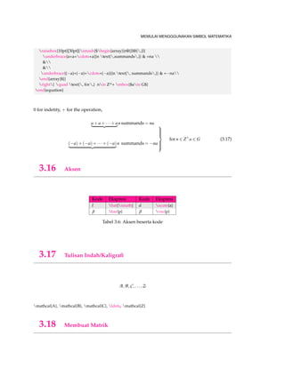 MEMULAI MENGGGUNAKAN SIMBOL MATEMATIKA 
is an isomorphism of K(a) into ¯F 
0 . Clearly, (K; t)  (K(a); (Ya)1 ¯tYa), which contradicts that 
(K; t) is maximal. Therefore we must have had K = E. 2 
3.8 Jarak teks pada mode Matematika 
Terkadang didalam membuat rumus matematika, kita menyisipkan teks didalamnya dan ten-tunya 
kita memberikan jarak(space). Perintah ini bisa Anda gunakan untuk memberikan jarak 
antar teks didalam mode matematika : 
Code Nama Code Contoh 
, thinspace Biaya Totalkincir angin 
; thickspace Biaya Total kincir angin 
quad quadspace Biaya Total kincir angin 
qquad qquadspace Biaya Total kincir angin 
Tabel 3.3: Perintah jarak teks dalam math mode 
begin{teo} 
If $D$ is a PID and $a$ and $b$ are nonzero elements of $D$, then there exists a $gcd$ of $a$ and $b$. 
Furthermore, each $gcd$ of $a$ and $b$ can be expressed in the form $lambda a+mu b$ for some 
$lambda, mu in D$ 
end{teo} 
Teorema 3.2 If D is a PID and a and b are nonzero elements of D, then there exists a gcd of a and 
b.Furthermore, each gcd of a and b can be expressed in the form la+μb for some l;μ 2 D 
begin{proof} 
Consider the set 
[N={ra+sb|r,sin D}] 
Since,  
quad $(r_1a+s_1b)pm(r_2a+s_2b)$ qquad = qquad $(r_1pm r_2)a+(s_1pm s_2)b$ 
And, 
[t(ra+sb)=(tr)a+(ts)b] 
end{proof} 
Bukti. Consider the set 
N = fra+sbjr; s 2 Dg 
Since, 
(r1a+s1b)(r2a+s2b) = (r1r2)a+(s1s2)b And, 
t(ra+sb) = (tr)a+(ts)b 
2 
 