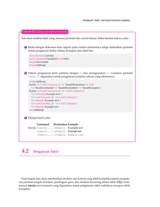 MEMULAI MENGGGUNAKAN SIMBOL MATEMATIKA 
Contoh 3.4 Perataan dengan tambahan spasi 
begin{eqnarray*} 
mbox{mcd}(a,b)  =  mbox{mcd}(ar_0q,r_0) [0.2cm] 
 =  mbox{mcd}(r_1,r_0) [0.2cm] 
 =  mbox{mcd}(r_1,r_0r_1q_2)[0.2cm] 
 =  mbox{mcd}(r_1,r_2) [0.2cm] 
 =  mbox{mcd}(r_1r_2q_2,r_2)[0.2cm] 
end{eqnarray*} 
Akan menghasilkan : 
mcd(a;b) = mcd(ar0q; r0) 
= mcd(r1; r0) 
= mcd(r1; r0r1q2) 
= mcd(r1; r2) 
= mcd(r1r2q2; r2) 
begin{eqnarray*} 
y=sqrt[n]{x} Longrightarrow  y^n=x  
Longrightarrow  nlog ,y=log ,x,;mbox{si};x,y0 
 Longrightarrow  log sqrt[n]{x}={1 over n}log ,x 
end{eqnarray*} 
Akan menghasilkan : 
y = n p 
x =) yn = x 
n p 
=) nlog y = log x; si x;y  0 
=) log x = 
1 
n 
log x 
Contoh 3.5 Perataan dengan numerasi 
 