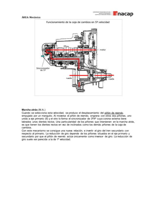 ÁREA: Mecánica
Marcha atrás (M.A.)
Cuando se selecciona esta velocidad, se produce el desplazamiento del piñón de reenvío,
empujado por un manguito. Al moverse el piñón de reenvío, engrana con otros dos piñones, uno
unido a eje primario (9) y el otro lo forma el sincronizador de 3ª/4ª cuya corona externa tiene
labrados unos dientes rectos. Una particularidad de los piñones que intervienen en la marcha atrás,
es que tienen los dientes rectos en vez de inclinados como los demás piñones de la caja de
cambios.
Con este mecanismo se consigue una nueva relación, e invertir el giro del tren secundario con
respecto al primario. La reducción de giro depende de los piñones situados en el eje primario y
secundario por que el piñón de reenvío actúa únicamente como inversor de giro. La reducción de
giro suele ser parecida a la de 1ª velocidad.
 