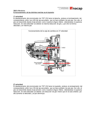 ÁREA: Mecánica
El funcionamiento de las distintas marchas es el siguiente:
1ª velocidad
El desplazamiento del sincronizador de 1ª/2ª (19) hacia la derecha, produce el enclavamiento del
correspondiente piñón loco (20) del eje secundario, que se hace solidario de este eje. Con ello, el
giro es transmitido desde el eje primario como muestra la figura inferior, obteniéndose la oportuna
reducción. En esta velocidad se obtiene la máxima reducción de giro, y por ello la mínima
velocidad y el máximo par.
2ª velocidad
El desplazamiento del sincronizador de 1ª/2ª (19) hacia la izquierda, produce el enclavamiento del
correspondiente piñón loco (18) del eje secundario, que se hace solidario de este eje. Con ello, el
giro es transmitido desde el eje primario como muestra la figura inferior, obteniéndose la oportuna
reducción. En esta velocidad se obtiene una reducción de giro menor que en el caso anterior, por
ello aumenta la velocidad y el par disminuye.
 