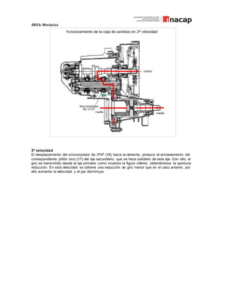 ÁREA: Mecánica
3ª velocidad
El desplazamiento del sincronizador de 3ª/4ª (16) hacia la derecha, produce el enclavamiento del
correspondiente piñón loco (17) del eje secundario, que se hace solidario de este eje. Con ello, el
giro es transmitido desde el eje primario como muestra la figura inferior, obteniéndose la oportuna
reducción. En esta velocidad se obtiene una reducción de giro menor que en el caso anterior, por
ello aumenta la velocidad y el par disminuye.
 