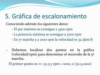 5. Gráfica de escalonamiento
Conociendo además los siguientes datos:
   - El par máximo se consigue a 3300 rpm
   - La potencia máxima se consigue a 5700 rpm
   - En 5ª marcha y a 1000 rpm la velocidad es 32.5km/h

1.     Debemos localizar dos puntos en la gráfica
       (velocidad/rpm) para determinar el recorrido de la 5ª
       marcha.
     El primer punto es: v= 32.5 y rpm = 1000, o (32.5,1000)
 