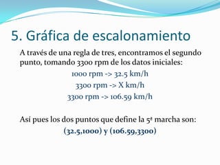 5. Gráfica de escalonamiento
 A través de una regla de tres, encontramos el segundo
 punto, tomando 3300 rpm de los datos iniciales:
                1000 rpm -> 32.5 km/h
                  3300 rpm -> X km/h
               3300 rpm -> 106.59 km/h

 Así pues los dos puntos que define la 5ª marcha son:
              (32.5,1000) y (106.59,3300)
 